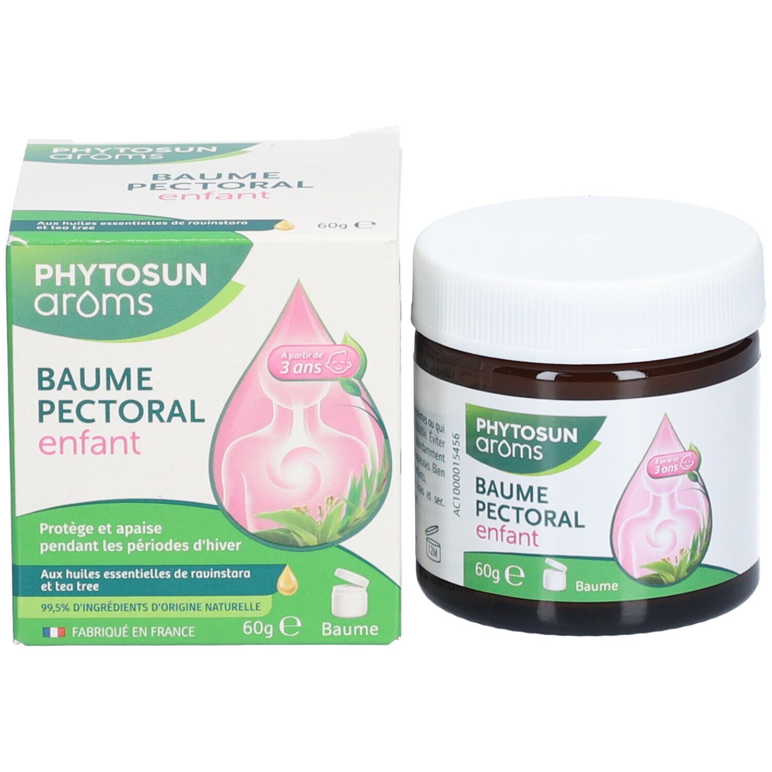 Produit et emballage. Pot brun avec couvercle blanc et boîte. 60g. Pour enfants dès 3 ans.
