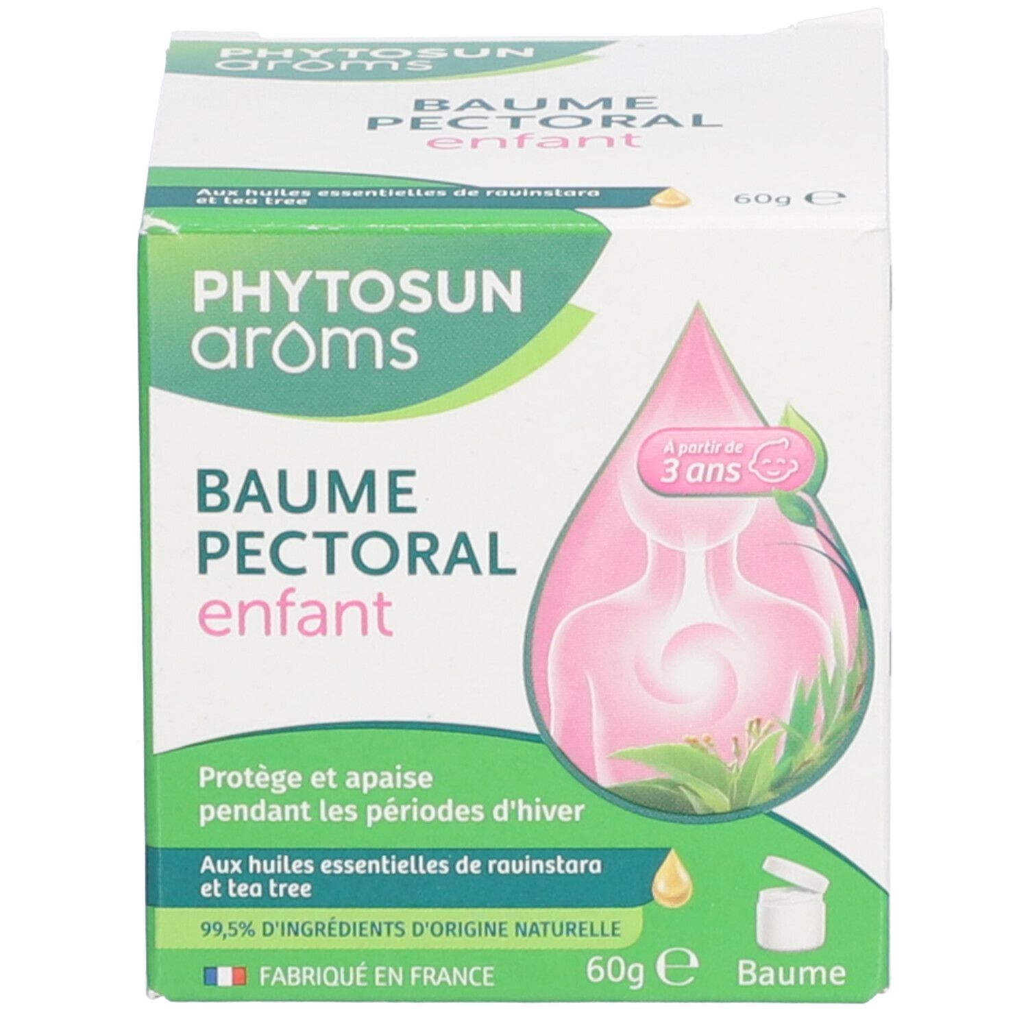 Emballage en carton. Nom du produit et logo. 60g. Pour enfants dès 3 ans. Avec ingrédients.
