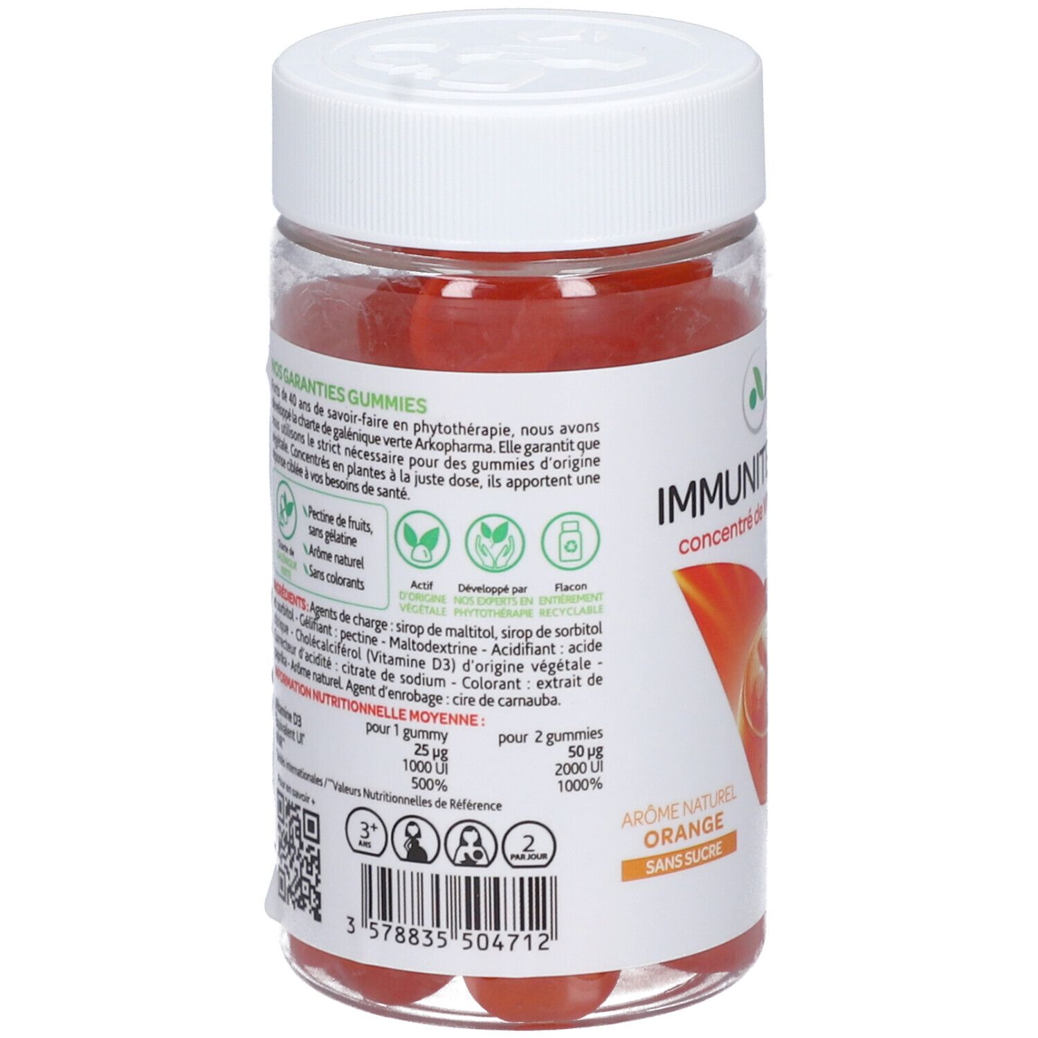 Dos du pot avec informations nutritionnelles et ingrédients. Texte en français. Code QR et code-barres.