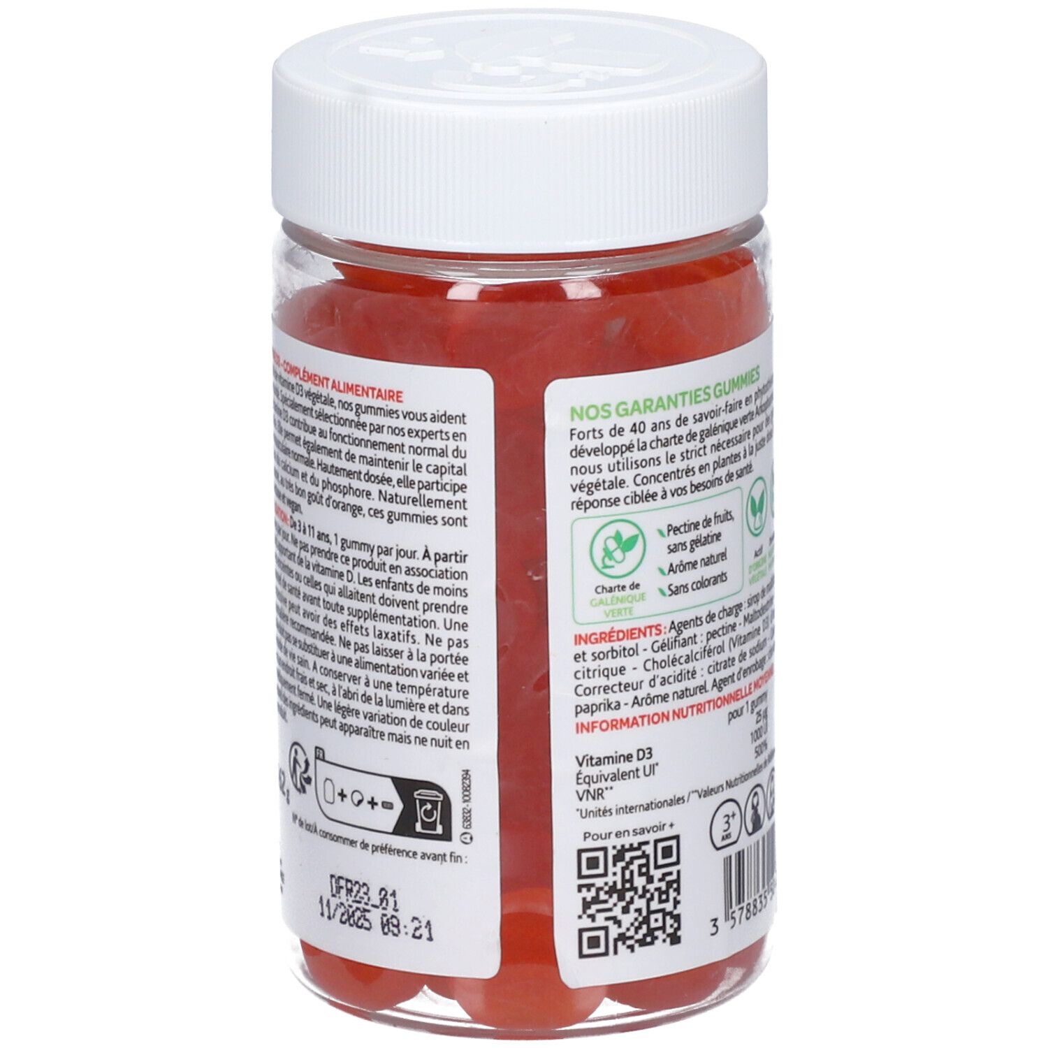 Dos du pot avec texte en français. Informations sur les ingrédients et l'utilisation. Code QR et code-barres.