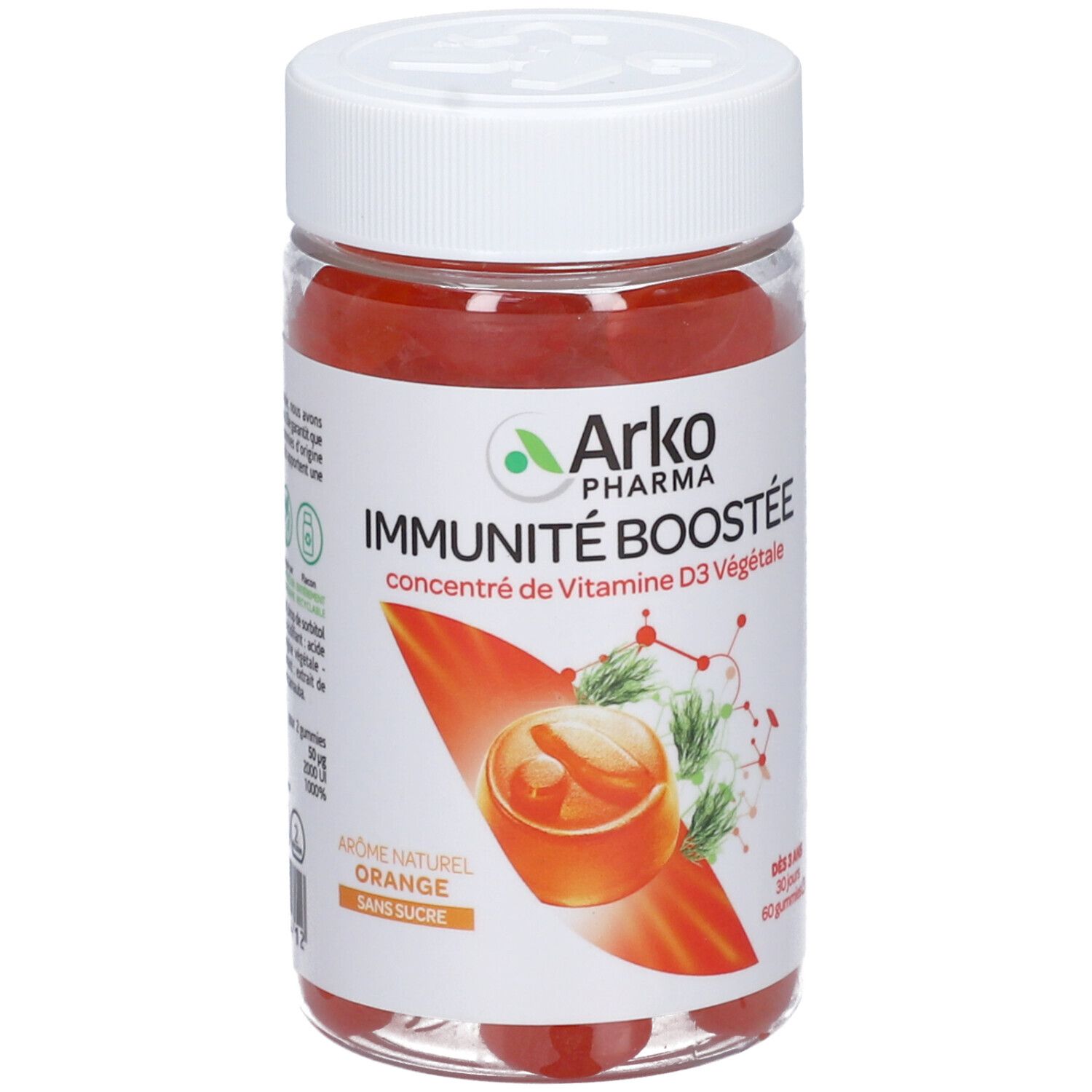 Boîte plastique transparente avec bonbons gélifiés rouges. Étiquette "Arko Pharma IMMUNITÉ BOOSTÉE" et illustrations. Couvercle blanc.