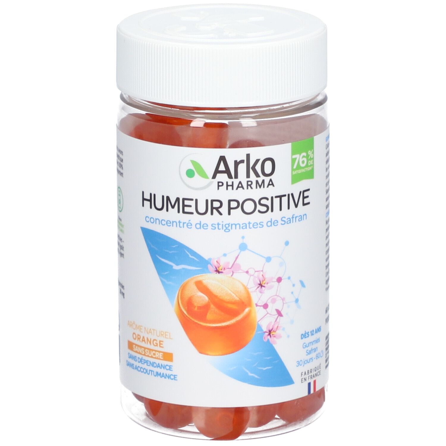 Boîte transparente de gummies oranges. Inscription: Arkopharma, Humeur Positive, concentré de stigmates de Safran.