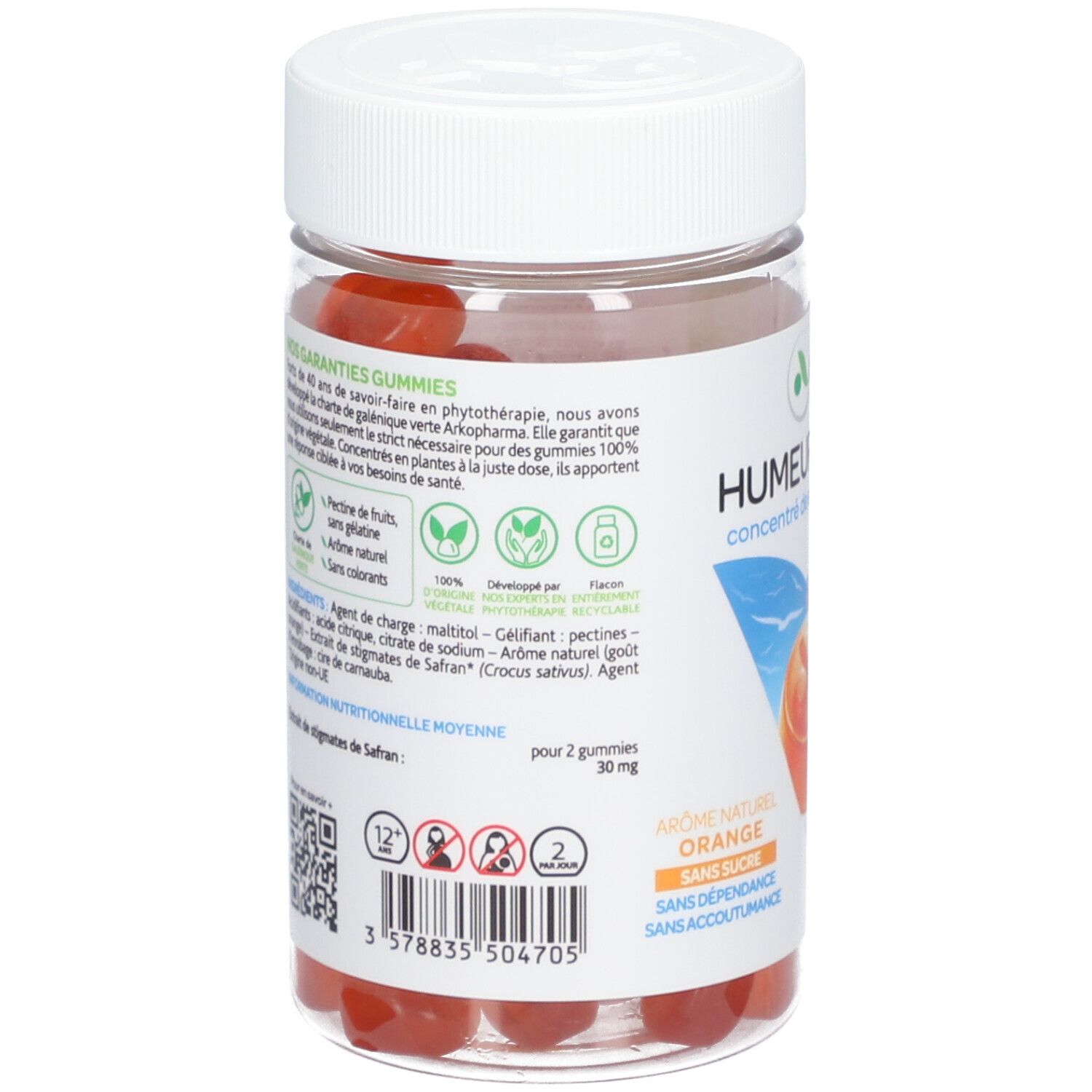 Dos de la boîte transparente de gummies oranges. Texte sur les ingrédients et les informations nutritionnelles.