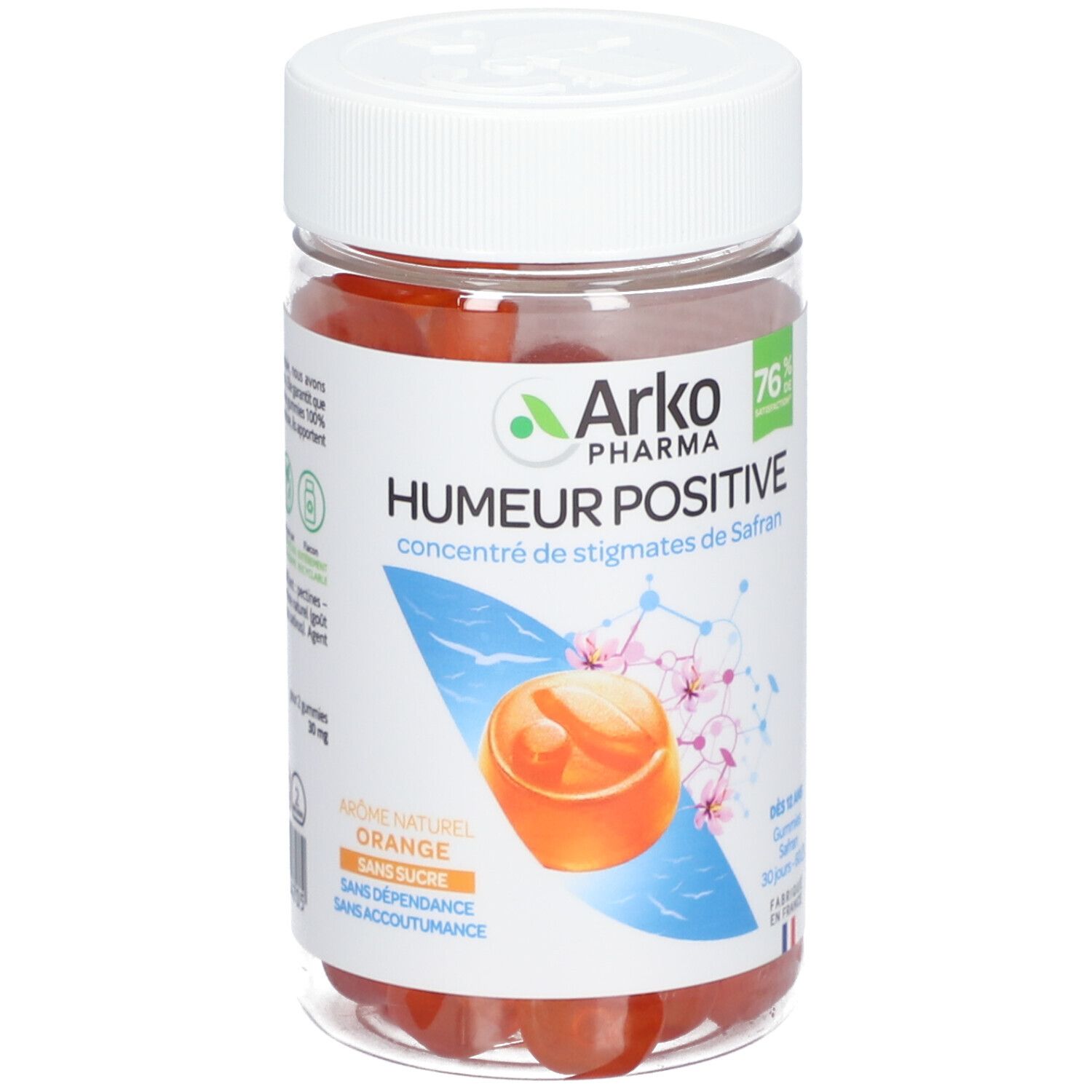 Boîte transparente de gummies oranges. Inscription: Arkopharma, Humeur Positive, concentré de stigmates de Safran.