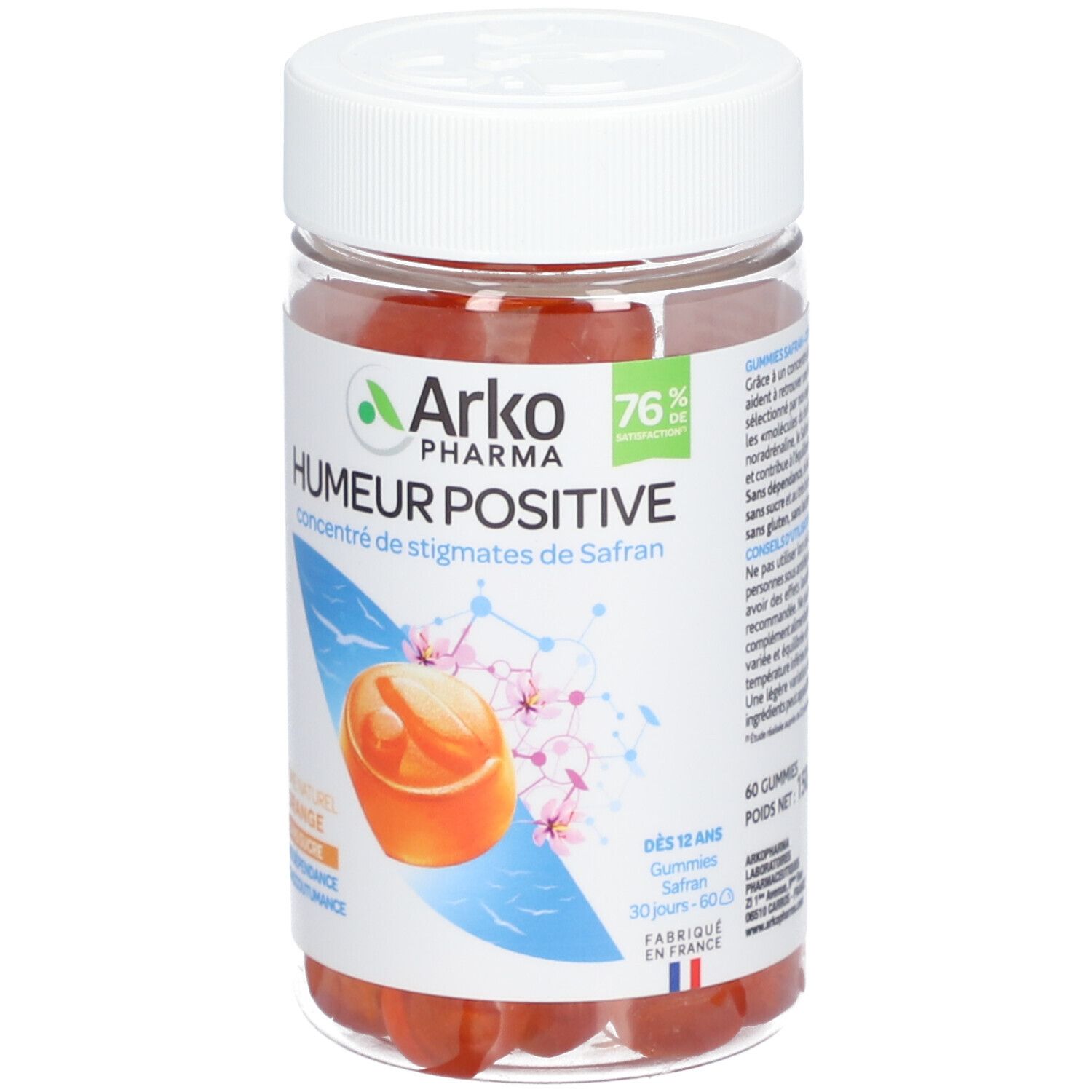 Boîte transparente de gummies oranges. Inscription: Arkopharma, Humeur Positive, concentré de stigmates de Safran.