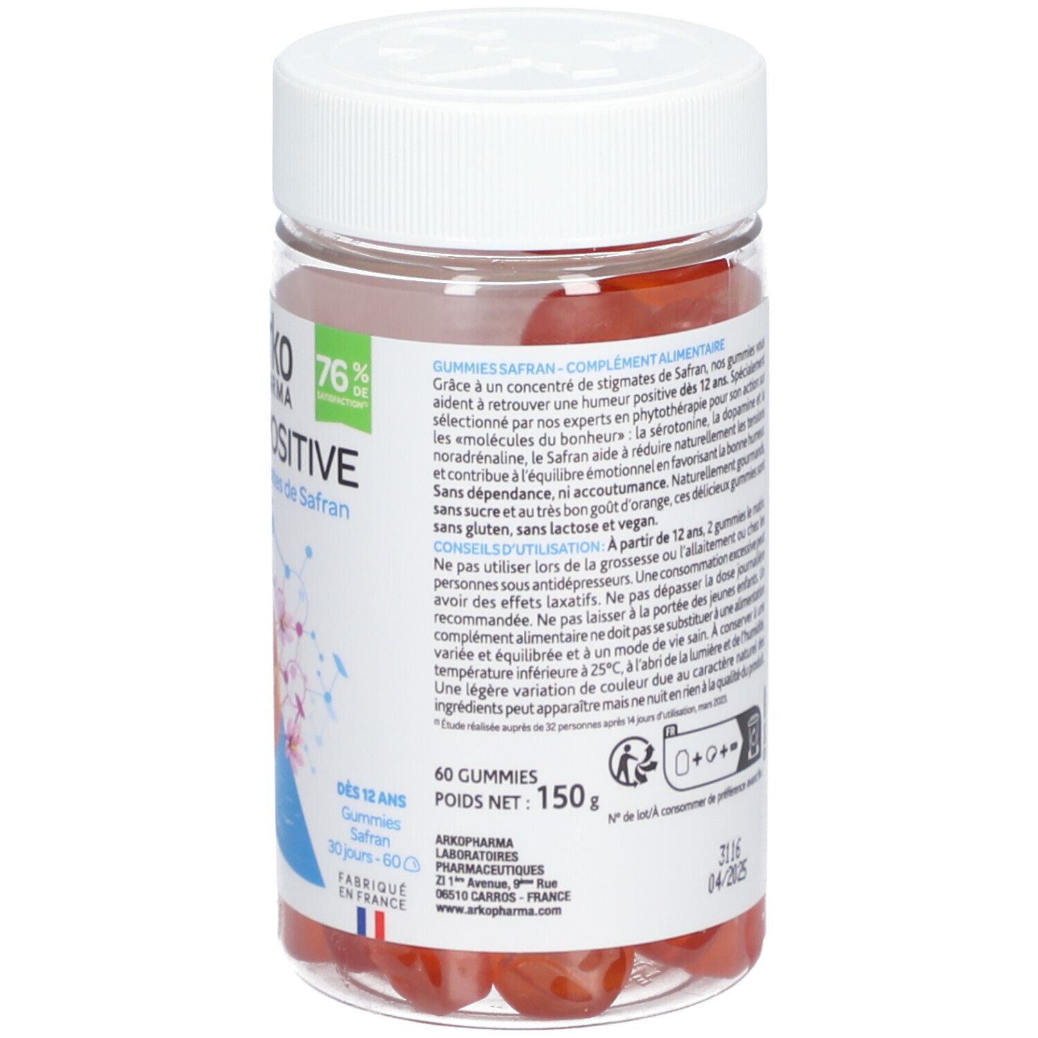 Dos de la boîte transparente de gummies oranges. Texte sur les ingrédients et les informations nutritionnelles.