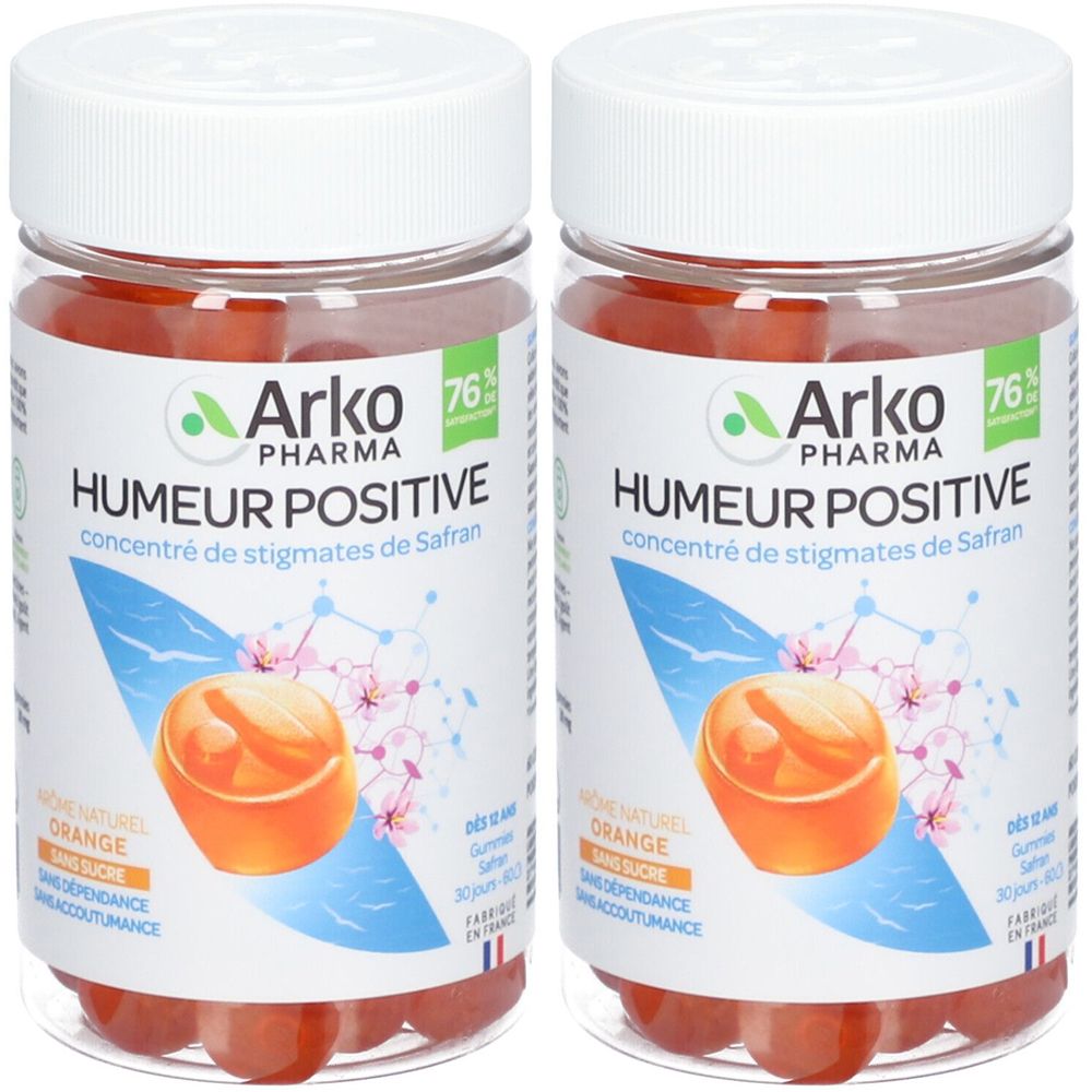 Deux boîtes transparentes de gummies oranges. Inscription: Arkopharma, Humeur Positive, concentré de stigmates de Safran.