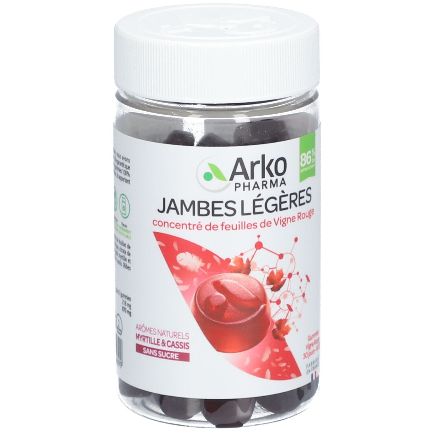 Flacon transparent de gummies noirs. Étiquette avec 'Arko Pharma' et 'Jambes Légères'.