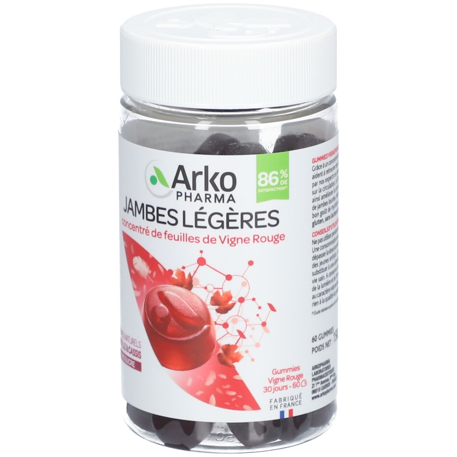 Flacon transparent de gummies noirs. Étiquette avec 'Arko Pharma' et 'Jambes Légères'.