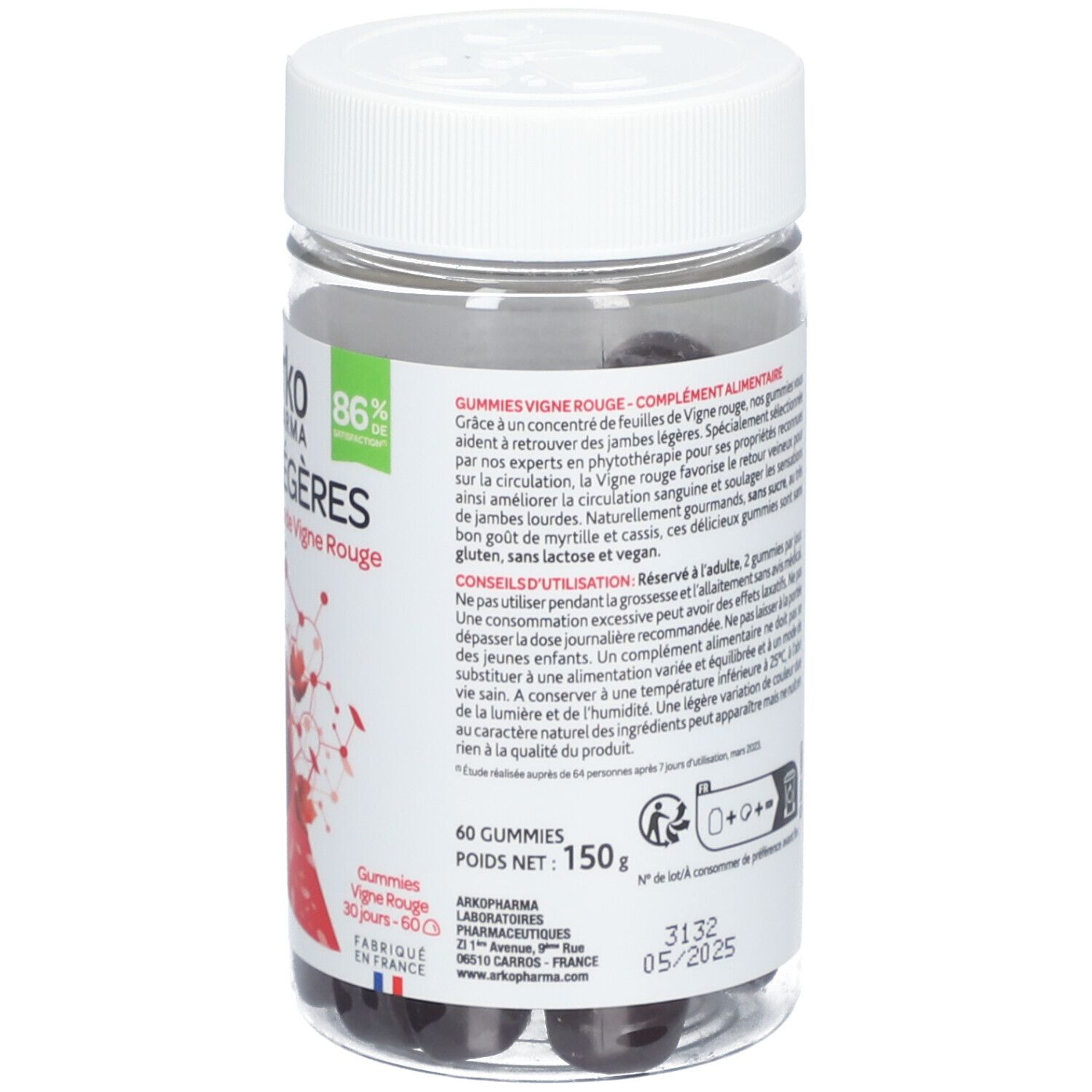 Dos du flacon avec texte. Contient 60 gummies, 150g. Date de péremption.