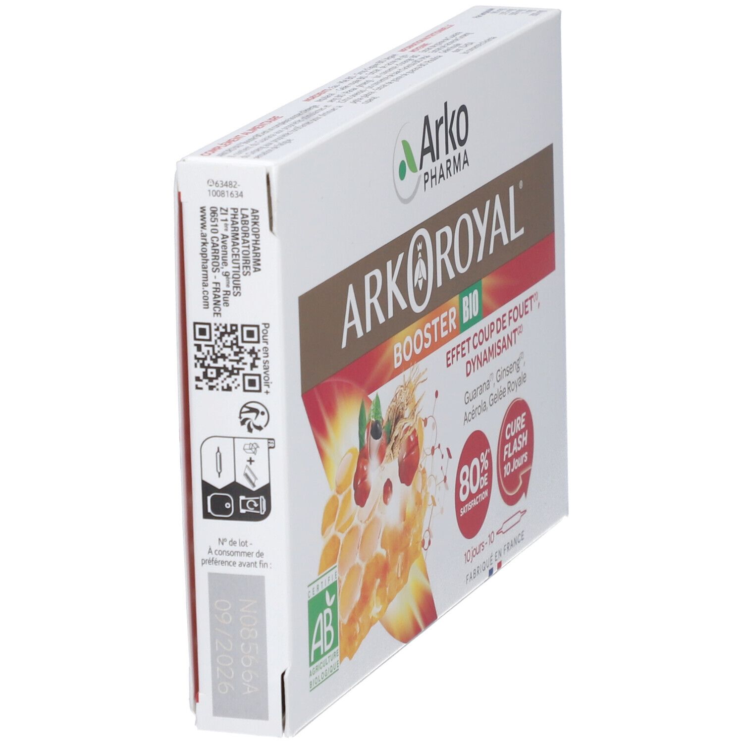 Weißer Karton, schräg. Aufschrift: Arkopharma Arkoroyal Booster BIO. Mit AB-Bio-Siegel und QR-Code.