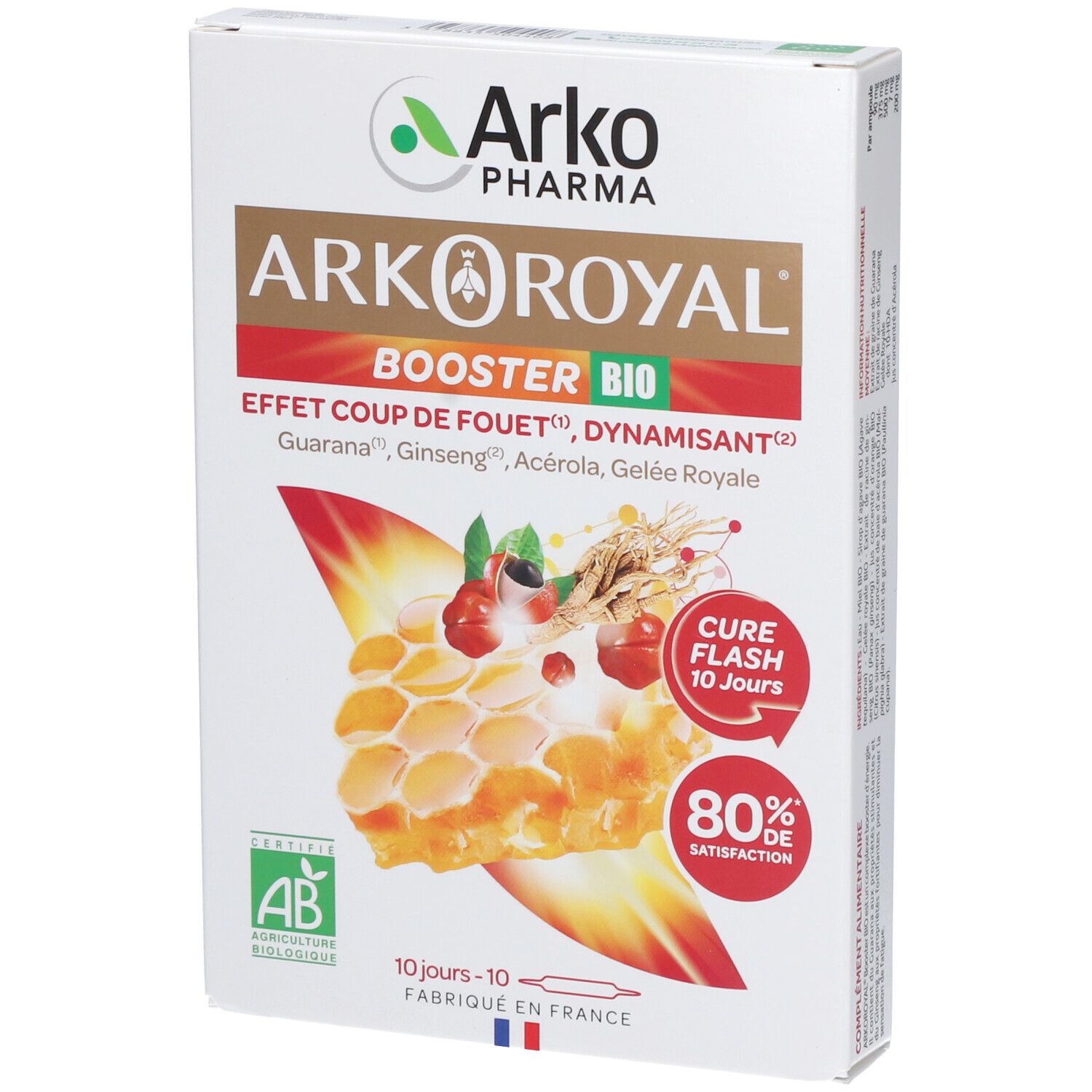 Weißer Karton mit Produktaufdrucken. Aufschrift: Arkopharma Arkoroyal Booster BIO. Mit AB-Bio-Siegel.