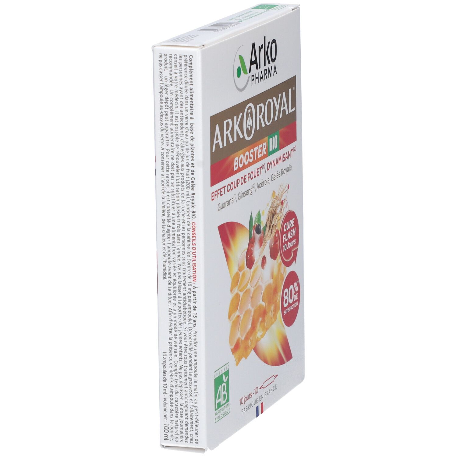 Weißer Karton, schräg. Aufschrift: Arkopharma Arkoroyal Booster BIO. Mit AB-Bio-Siegel.