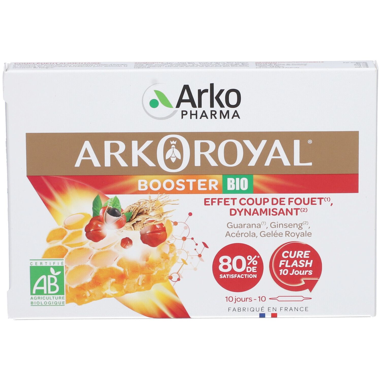 Weißer Karton mit Produktaufdrucken. Aufschrift: Arkopharma Arkoroyal Booster BIO. Mit AB-Bio-Siegel.
