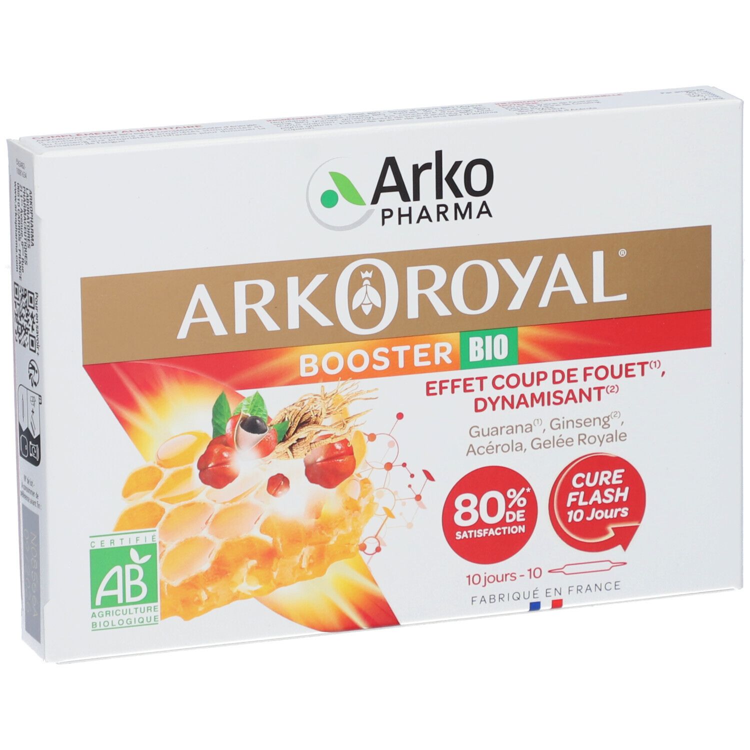Weißer Karton mit Produktaufdrucken. Aufschrift: Arkopharma Arkoroyal Booster BIO. Mit AB-Bio-Siegel.