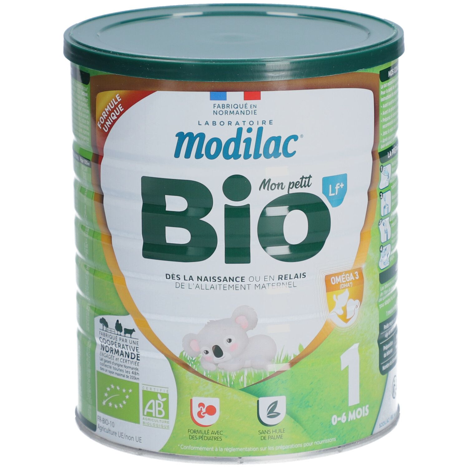 Boîte de lait bébé Modilac Bio, vert et blanc. Contient Oméga 3. Pour 0-6 mois.