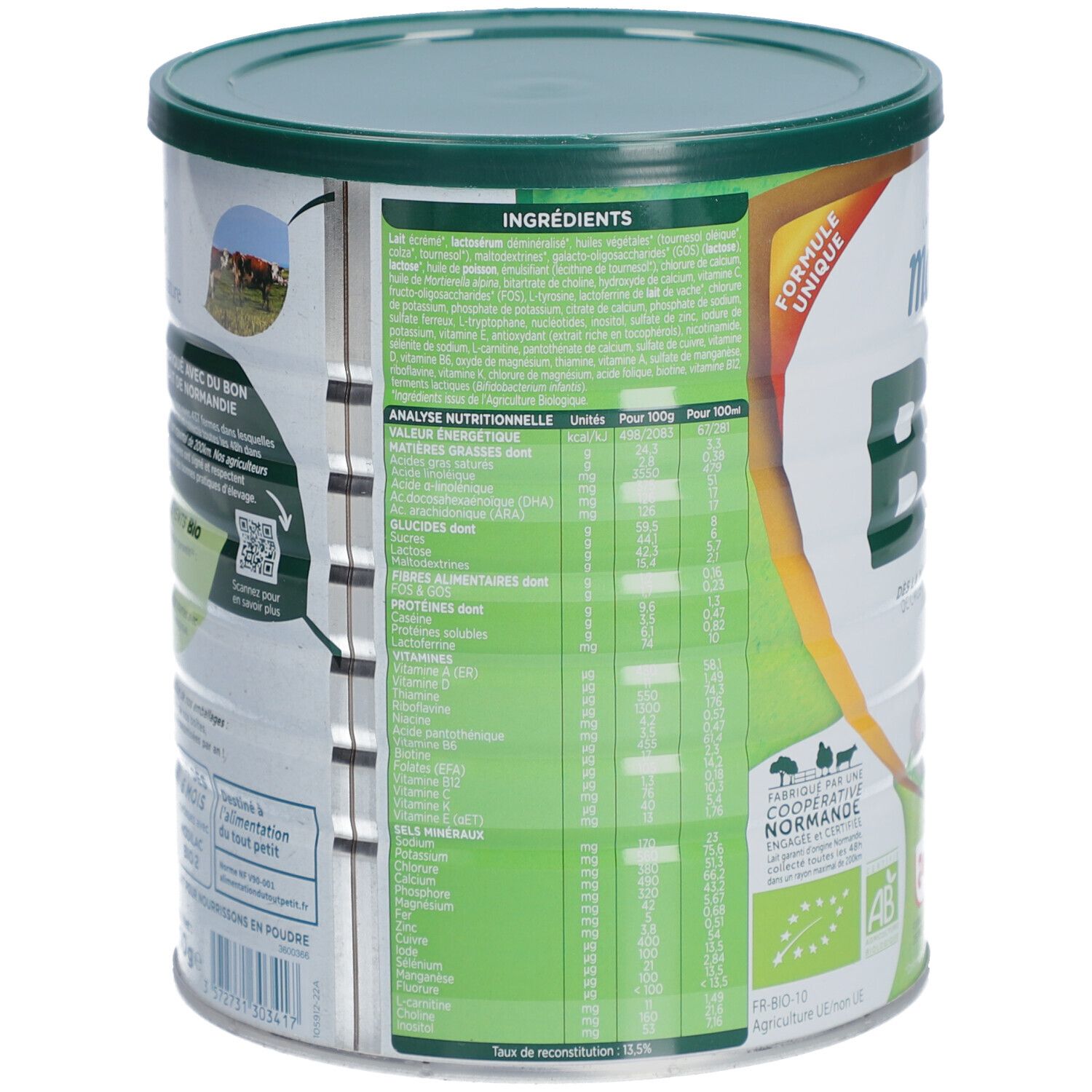 Dos de la boîte de lait bébé avec informations nutritionnelles et ingrédients. Vert et blanc.