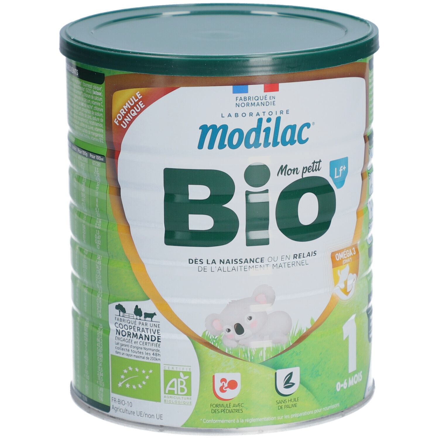 Boîte de lait bébé Modilac Bio, vert et blanc. Contient Oméga 3. Pour 0-6 mois.