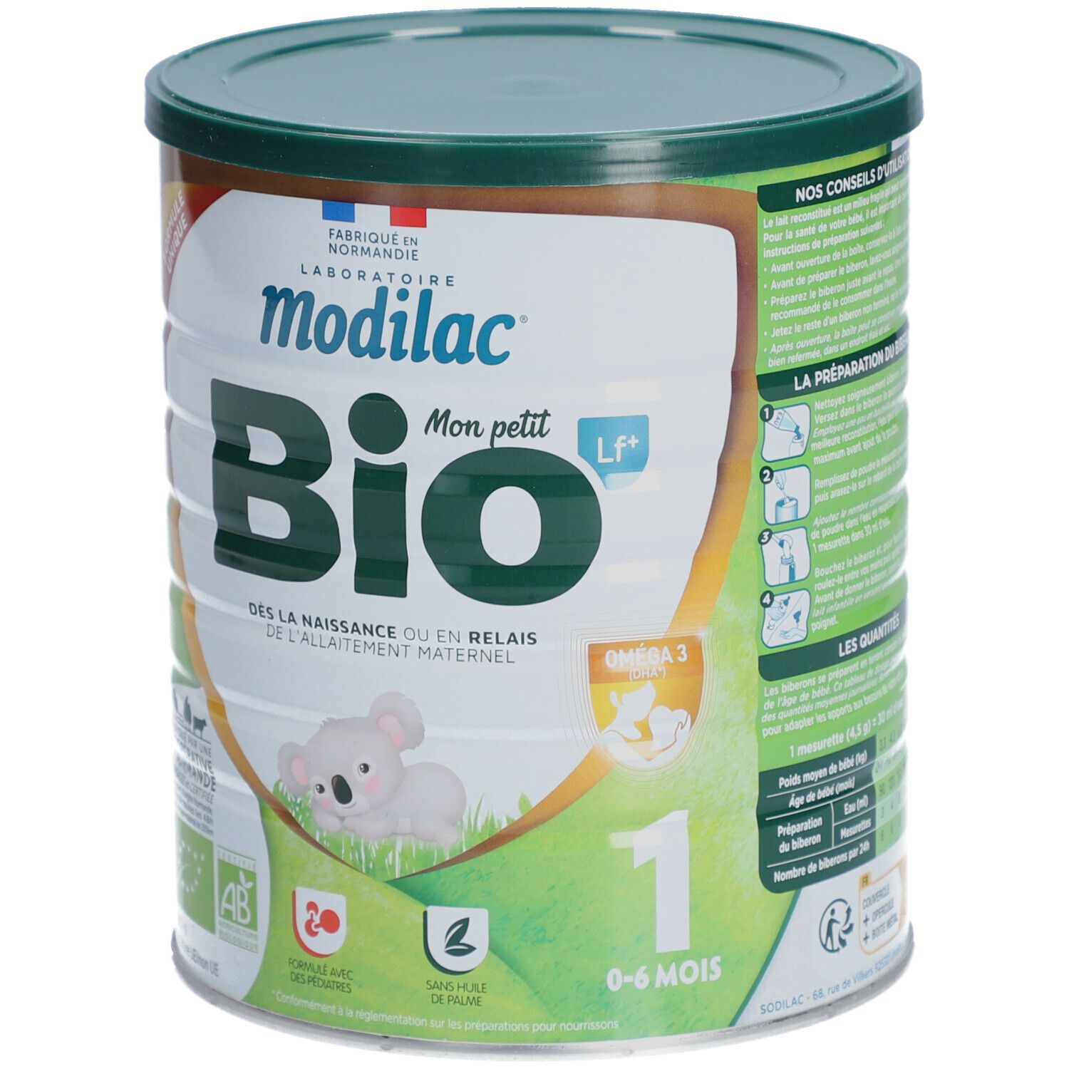Boîte de lait bébé Modilac Bio, vert et blanc. Contient Oméga 3. Pour 0-6 mois.