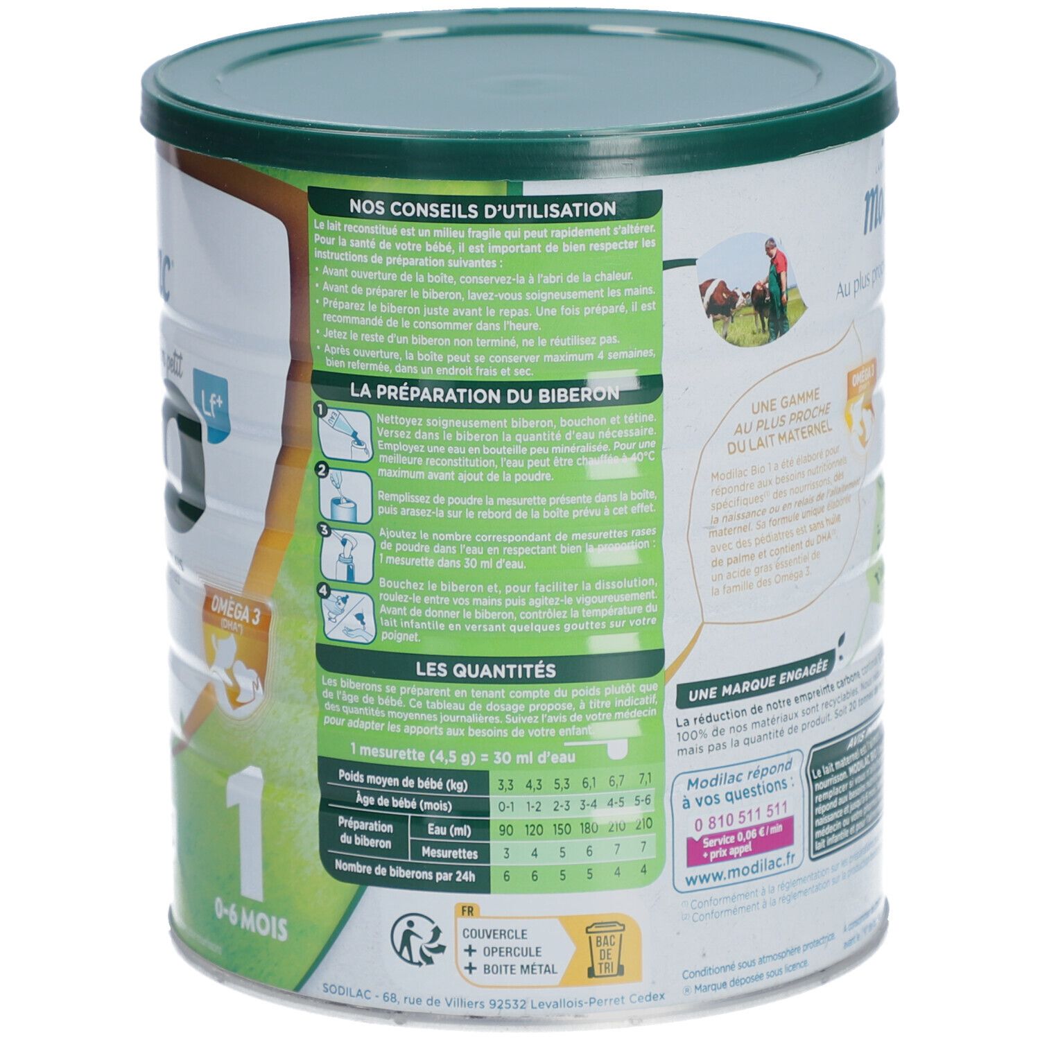 Dos de la boîte de lait bébé avec instructions et tableau de dosage. Vert et blanc.