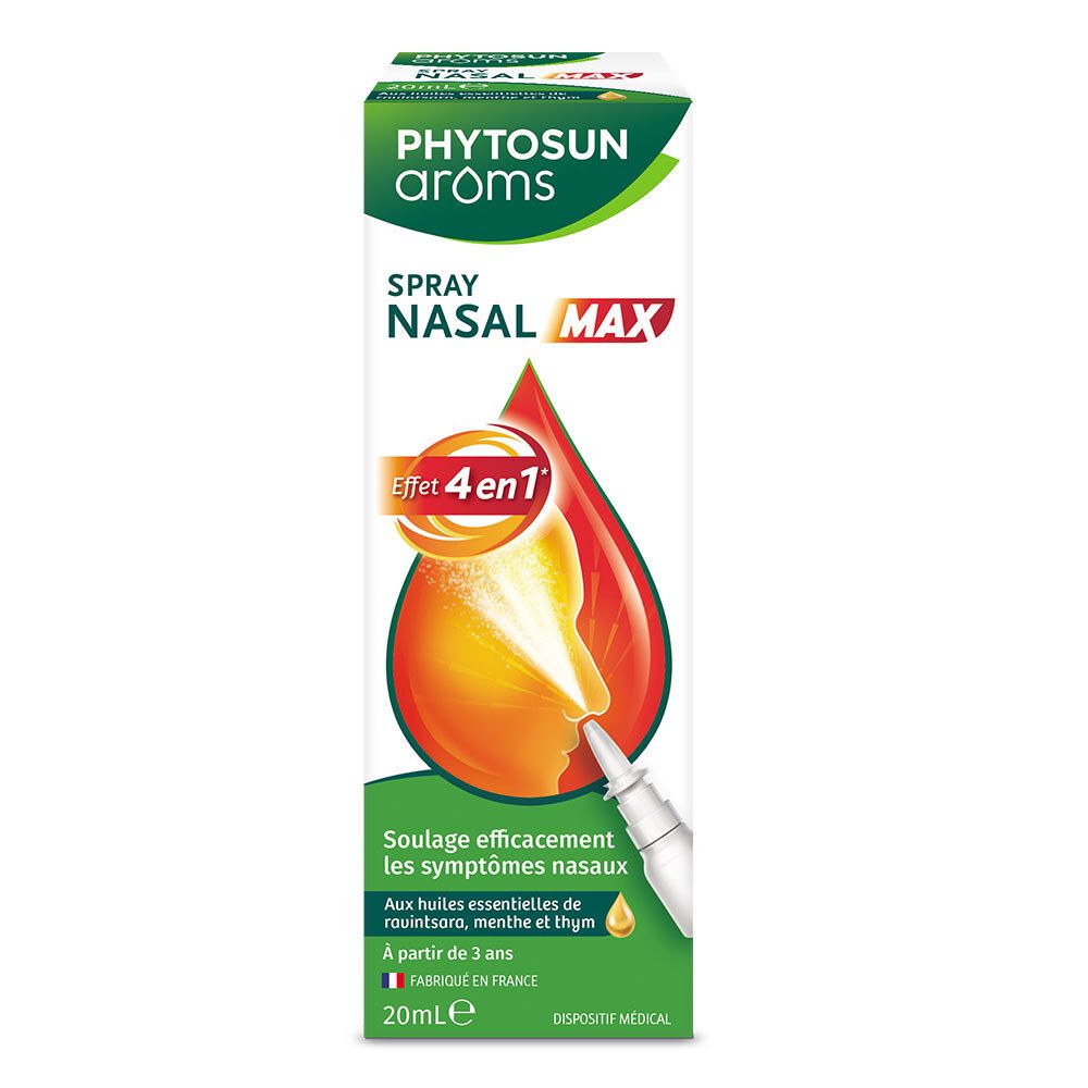 Boîte de spray nasal. Inscription: Phytosun Arôms, Spray Nasal Max, effet 4 en 1. Illustration goutte et profil nasal.