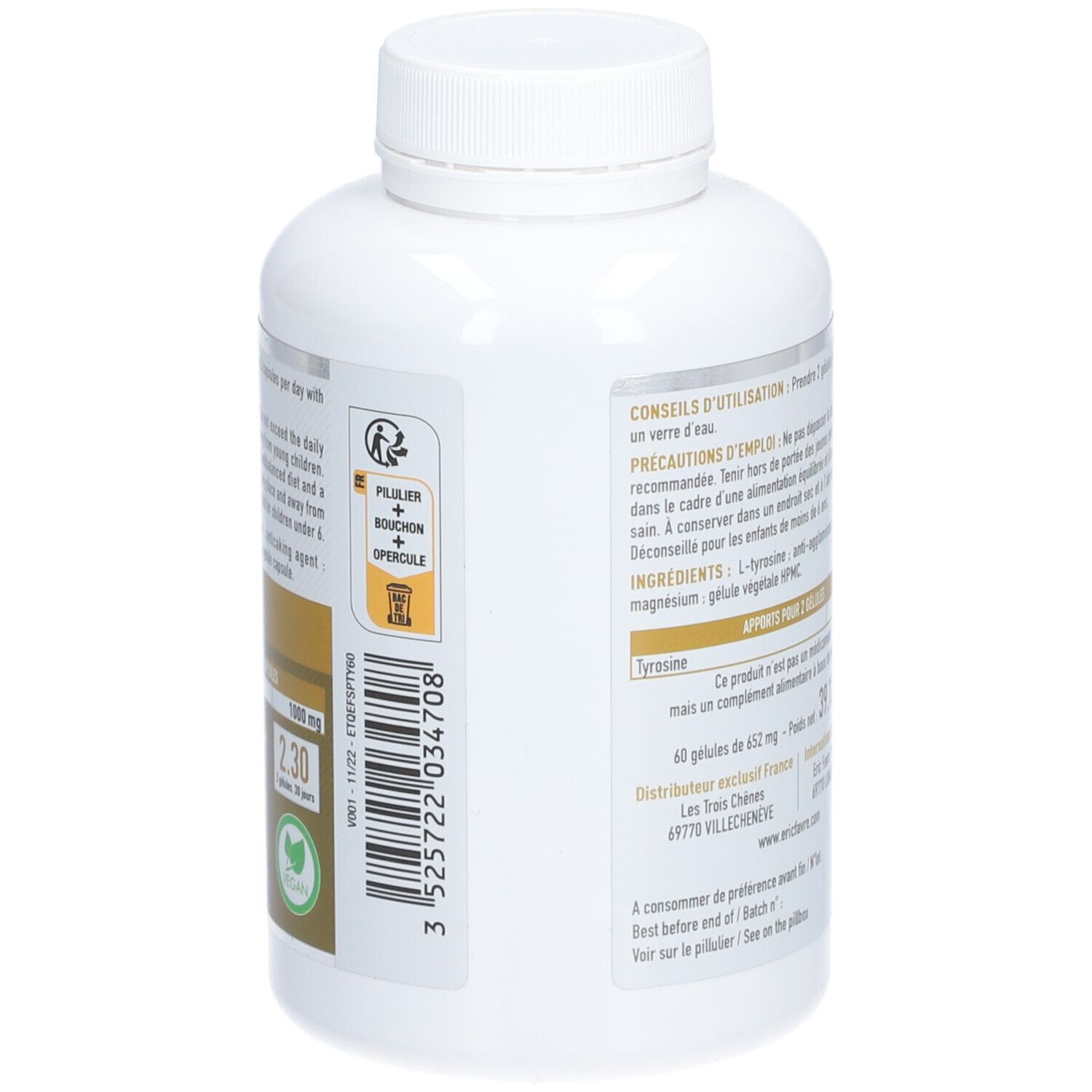 Weiße Flasche mit Kapseln. Aufschrift: ERIC FAVRE L-Tyrosine 1000 MG. Aminosäure. 60 vegetarische Kapseln. Rückseite mit Text.