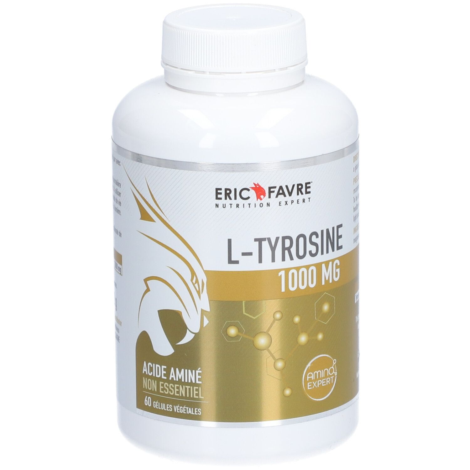 Weiße Flasche mit Kapseln. Aufschrift: ERIC FAVRE L-Tyrosine 1000 MG. Aminosäure. 60 vegetarische Kapseln.