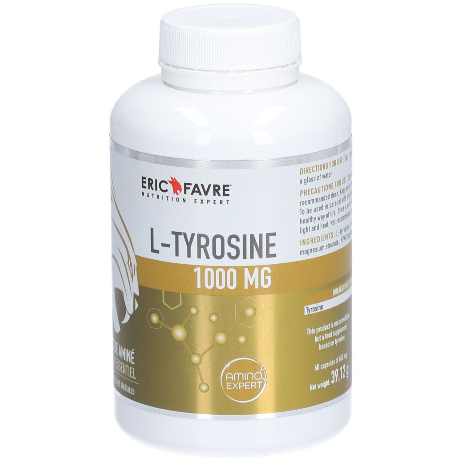 Weiße Flasche mit Kapseln. Aufschrift: ERIC FAVRE L-Tyrosine 1000 MG. Aminosäure. 60 vegetarische Kapseln.