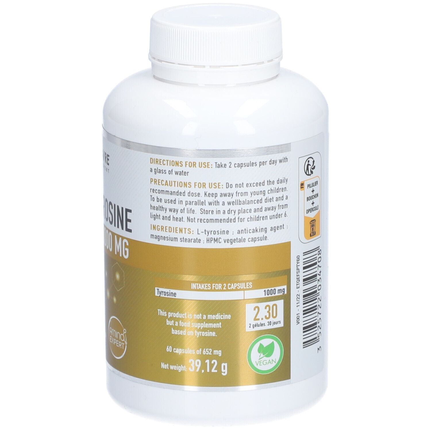 Weiße Flasche mit Kapseln. Aufschrift: ERIC FAVRE L-Tyrosine 1000 MG. Aminosäure. 60 vegetarische Kapseln. Vegan-Siegel.