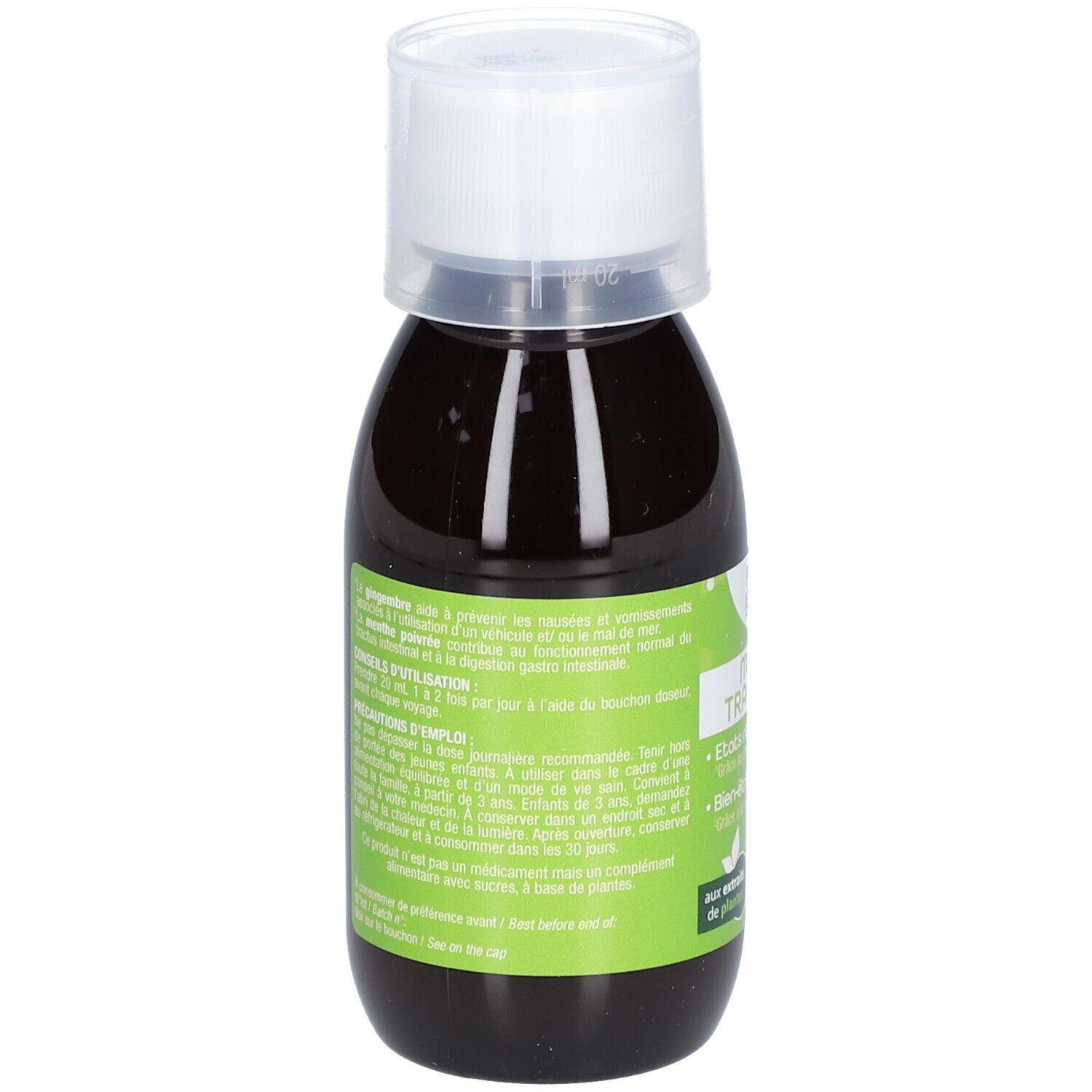 Braune Flüssigkeit in einer Flasche mit weißem Deckel. Aufkleber mit Text und grüner Farbe.