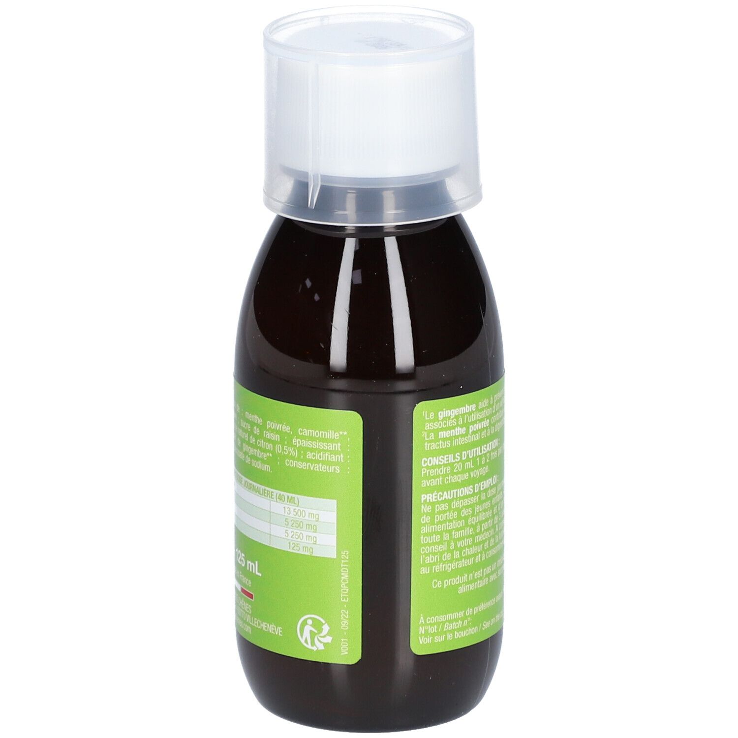 Braune Flüssigkeit in einer Flasche mit weißem Deckel. Aufkleber mit Text und grüner Farbe.