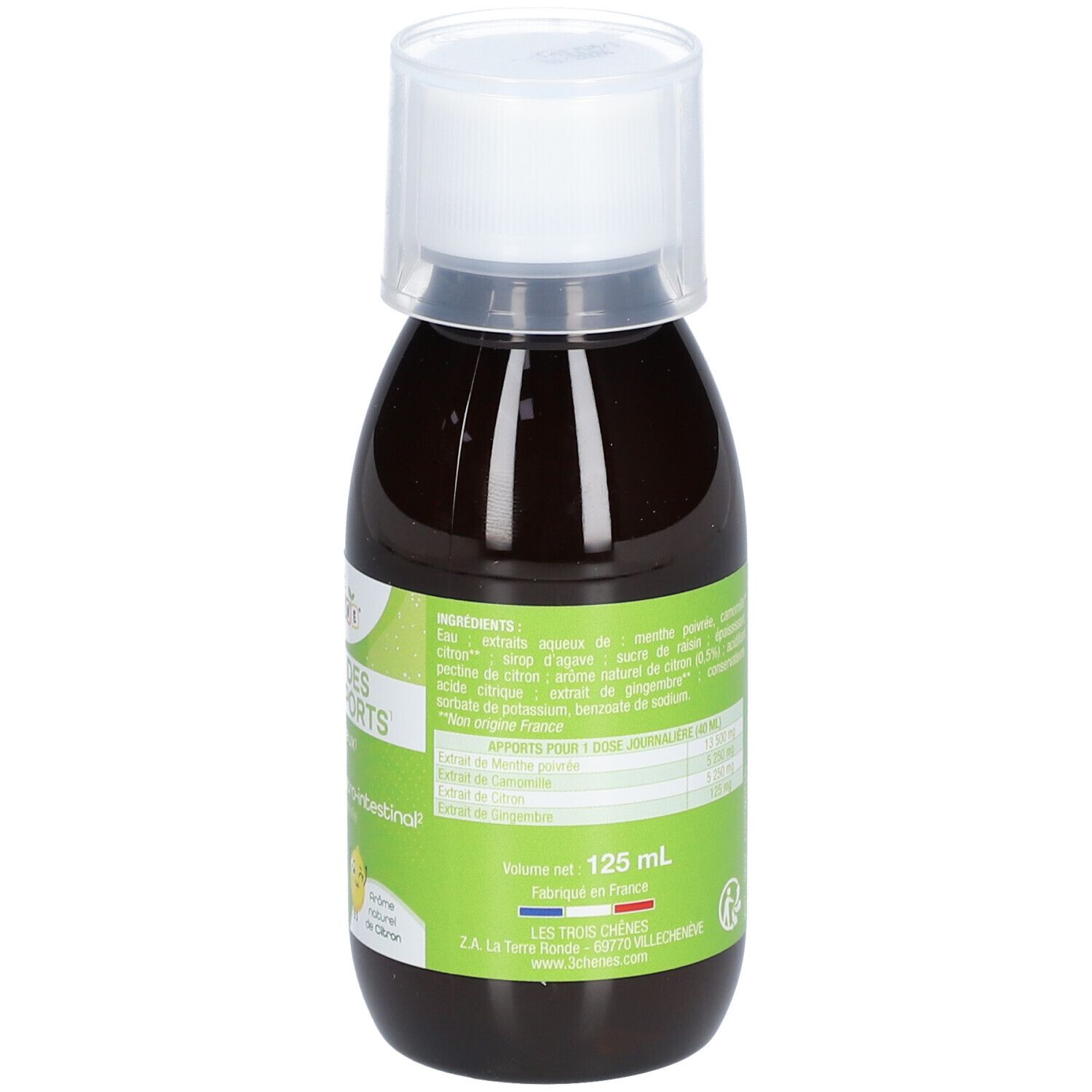 Braune Flüssigkeit in einer Flasche mit weißem Deckel. Aufkleber mit Text und grüner Farbe. Volumen: 125 ml.