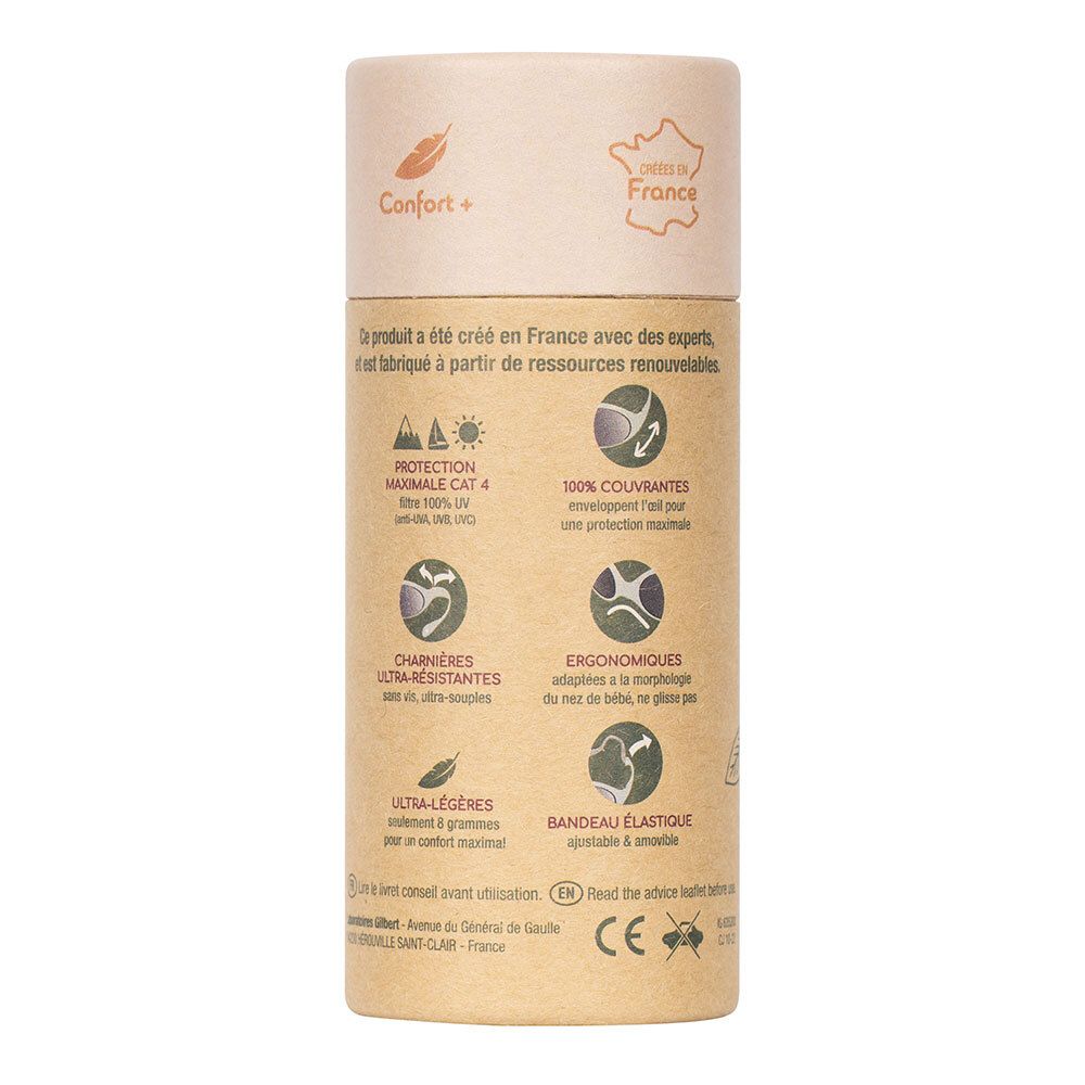 Dos de l'emballage. Texte: Produit fabriqué en France. Illustrations: protection UV, 100% couvrantes, ergonomiques, bande élastique.