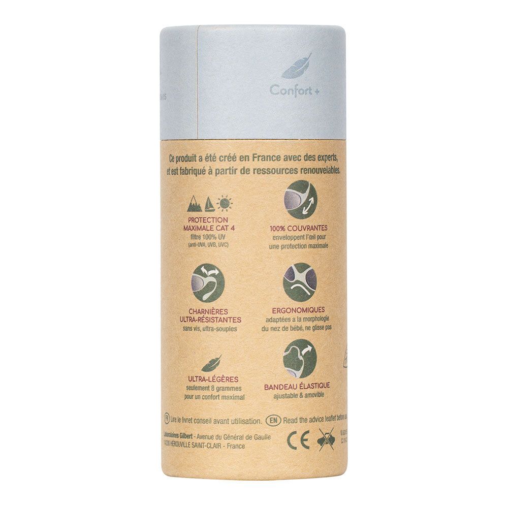 Dos de l'emballage cylindrique. Texte : protection, 100% couvrant, ergonomique, ultra-léger, etc.