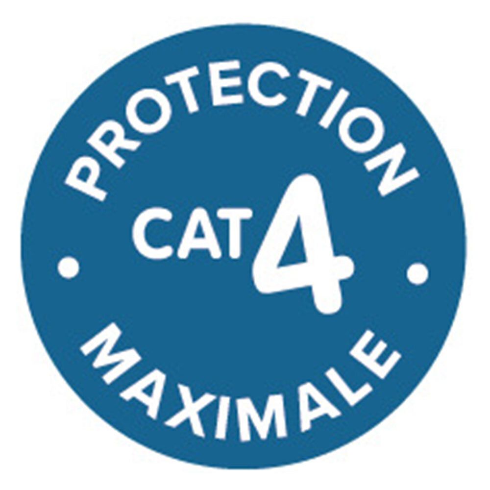 Autocollant bleu avec texte : PROTECTION CAT 4 MAXIMALE.