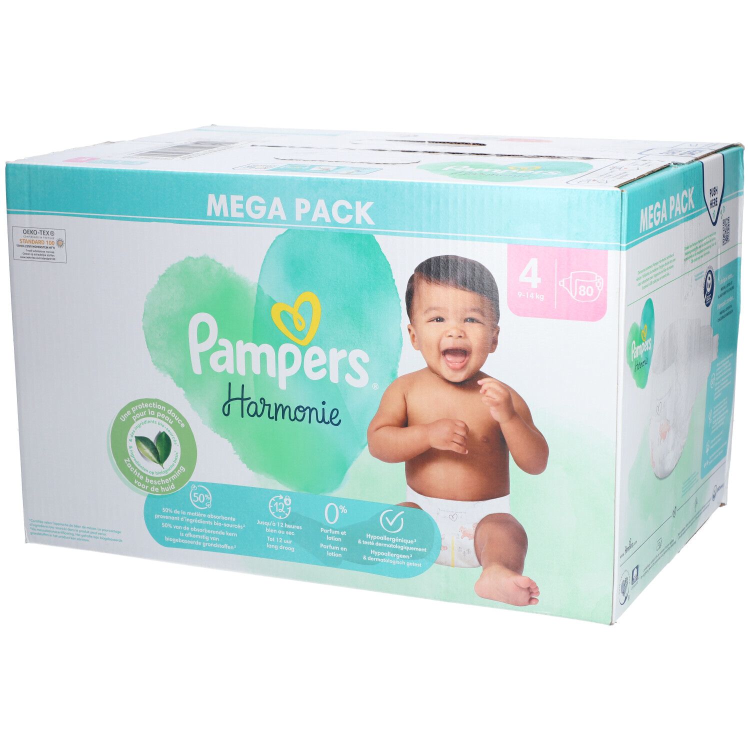 Paquet Pampers Harmonie Taille 4. Emballage Mega Pack avec bébé et caractéristiques du produit.