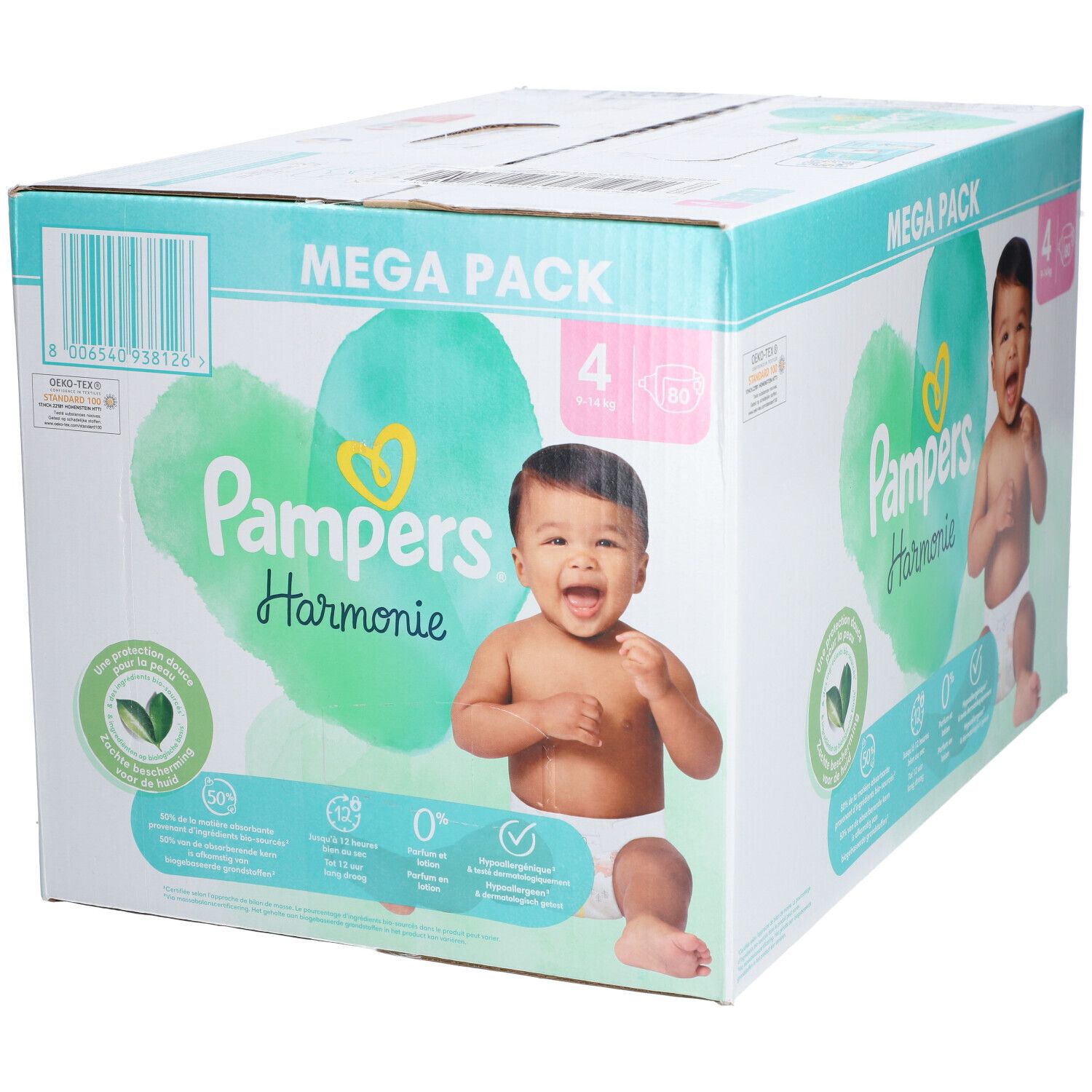 Paquet Pampers Harmonie Taille 4. Emballage Mega Pack avec bébé et caractéristiques du produit.