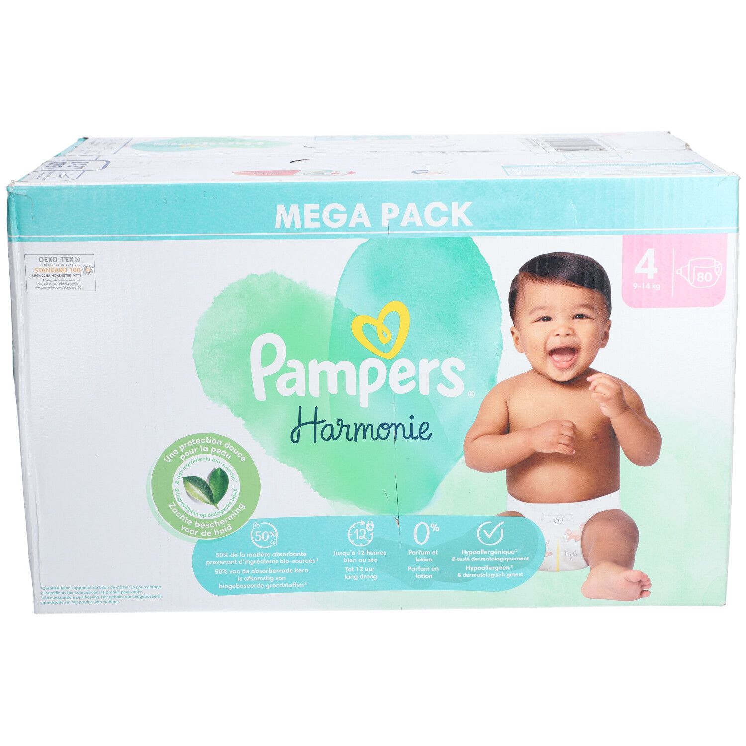 Paquet Pampers Harmonie Taille 4. Emballage Mega Pack avec bébé et caractéristiques du produit.