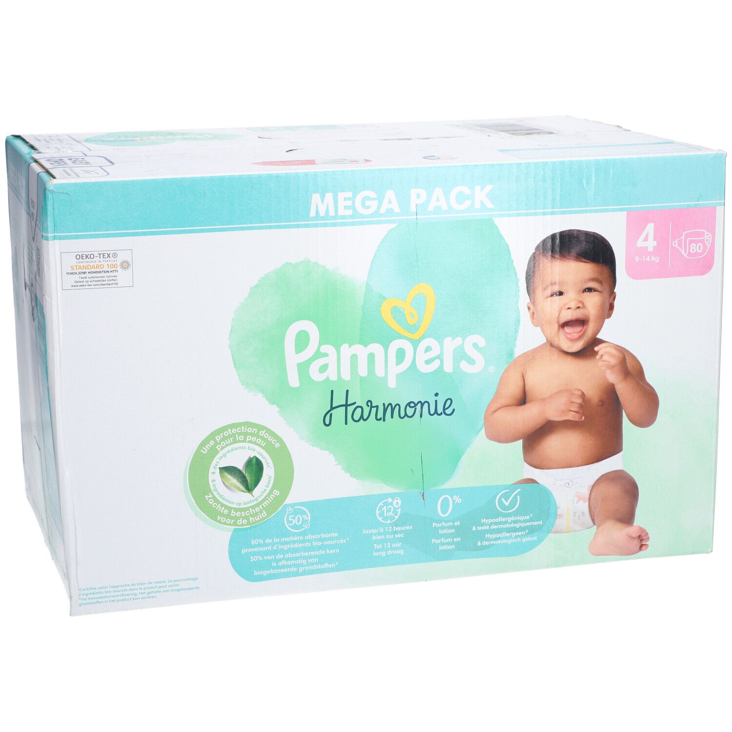 Paquet Pampers Harmonie Taille 4. Emballage Mega Pack avec bébé et caractéristiques du produit.