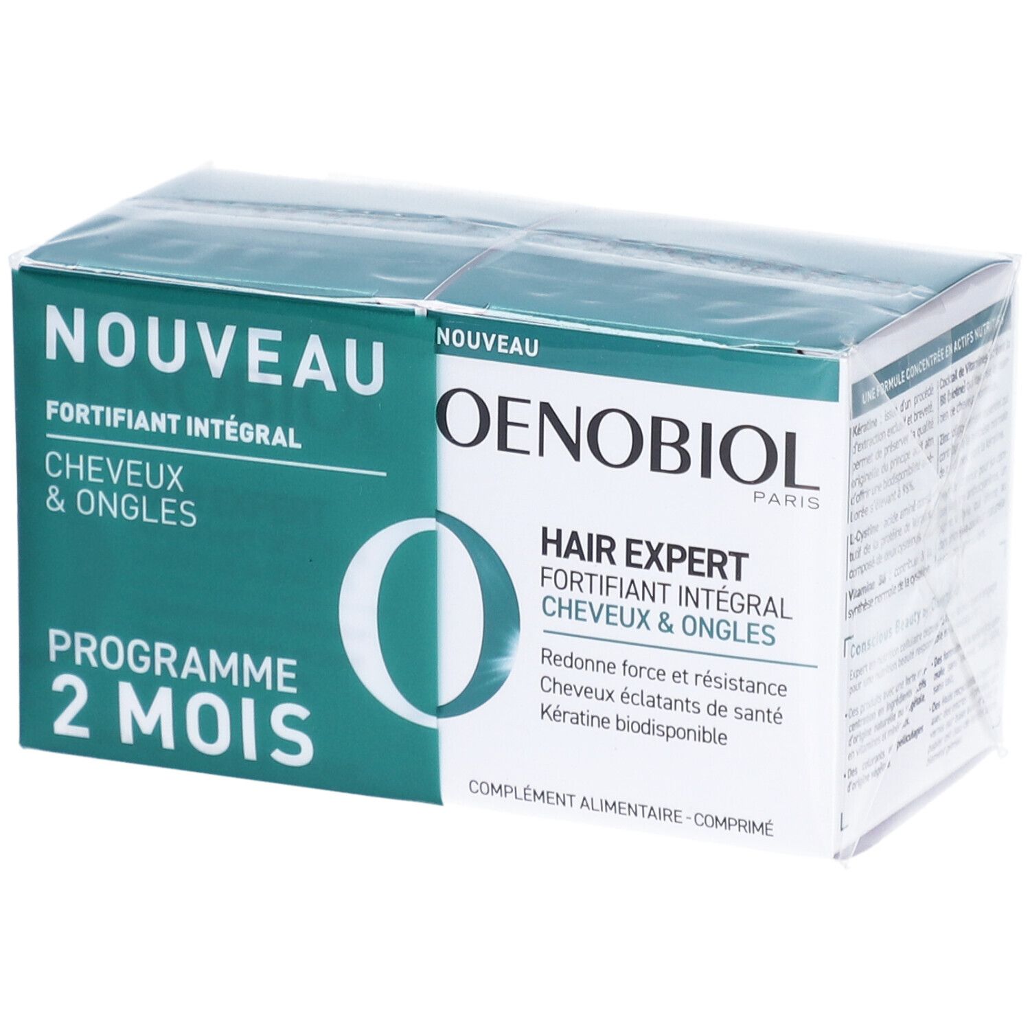 Boîte OENOBIOL. Vert et blanc, avec nom et logo. Emballage transparent.