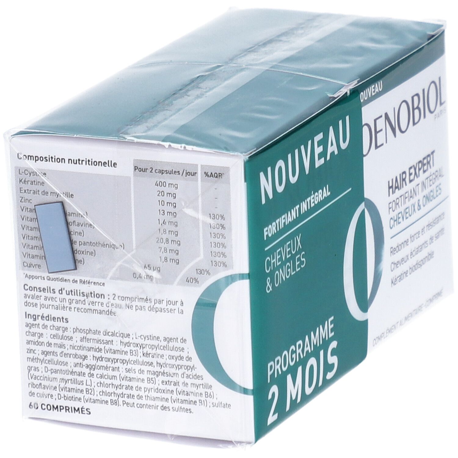 Boîte OENOBIOL. Vert et blanc, avec informations produit. Emballage transparent.