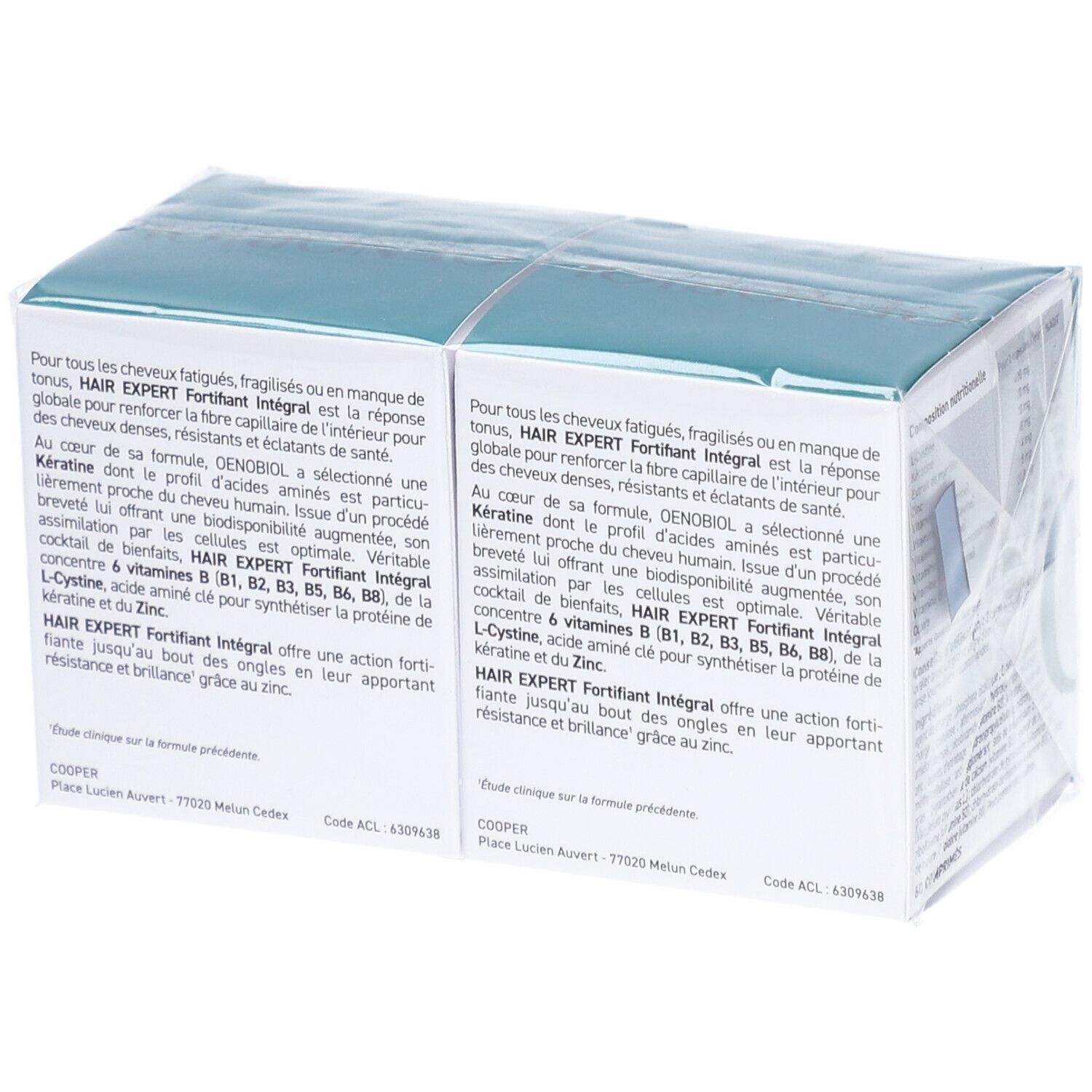 Boîte OENOBIOL. Vert et blanc, avec texte. Emballage transparent.
