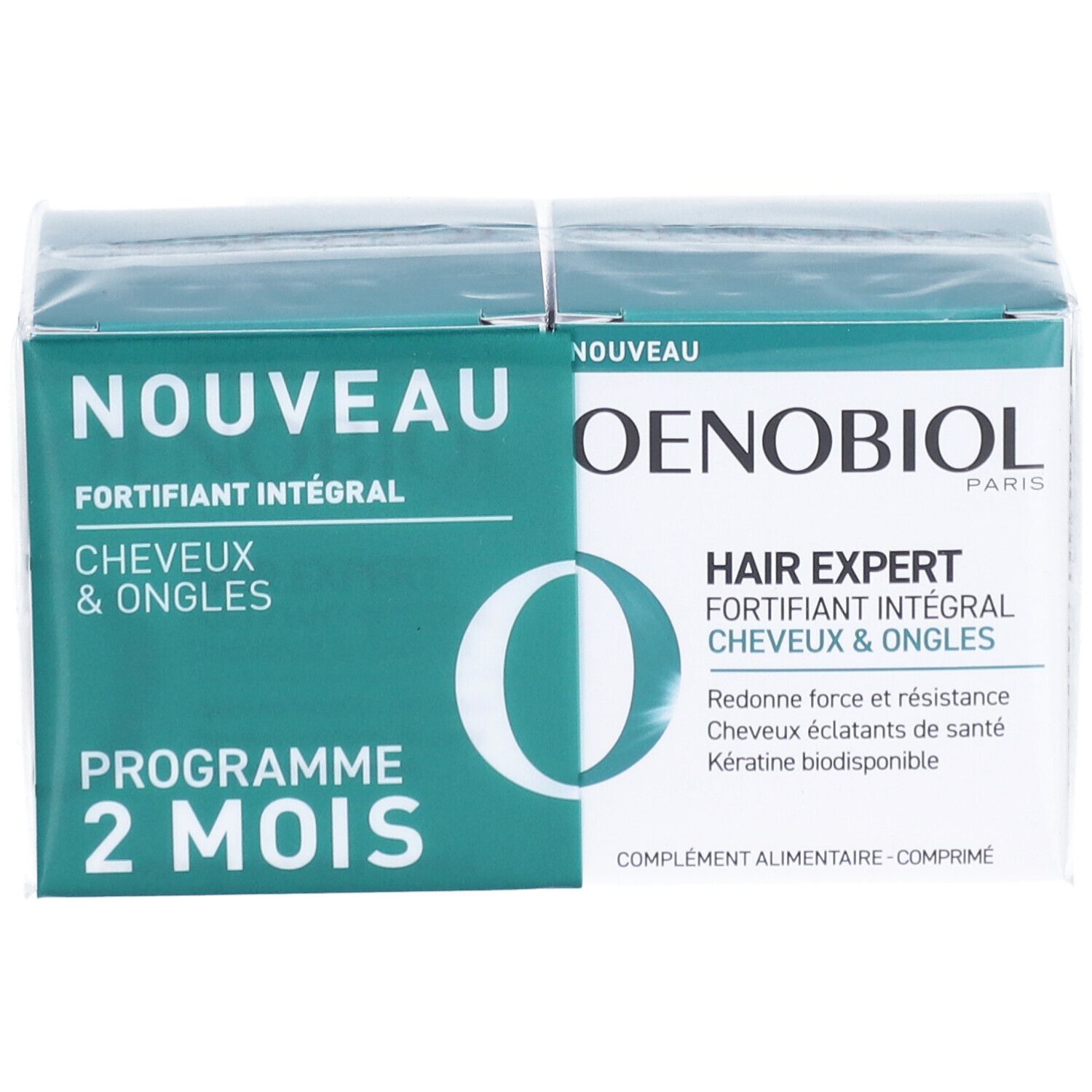 Boîte OENOBIOL. Vert et blanc, avec nom et logo. Emballage transparent.