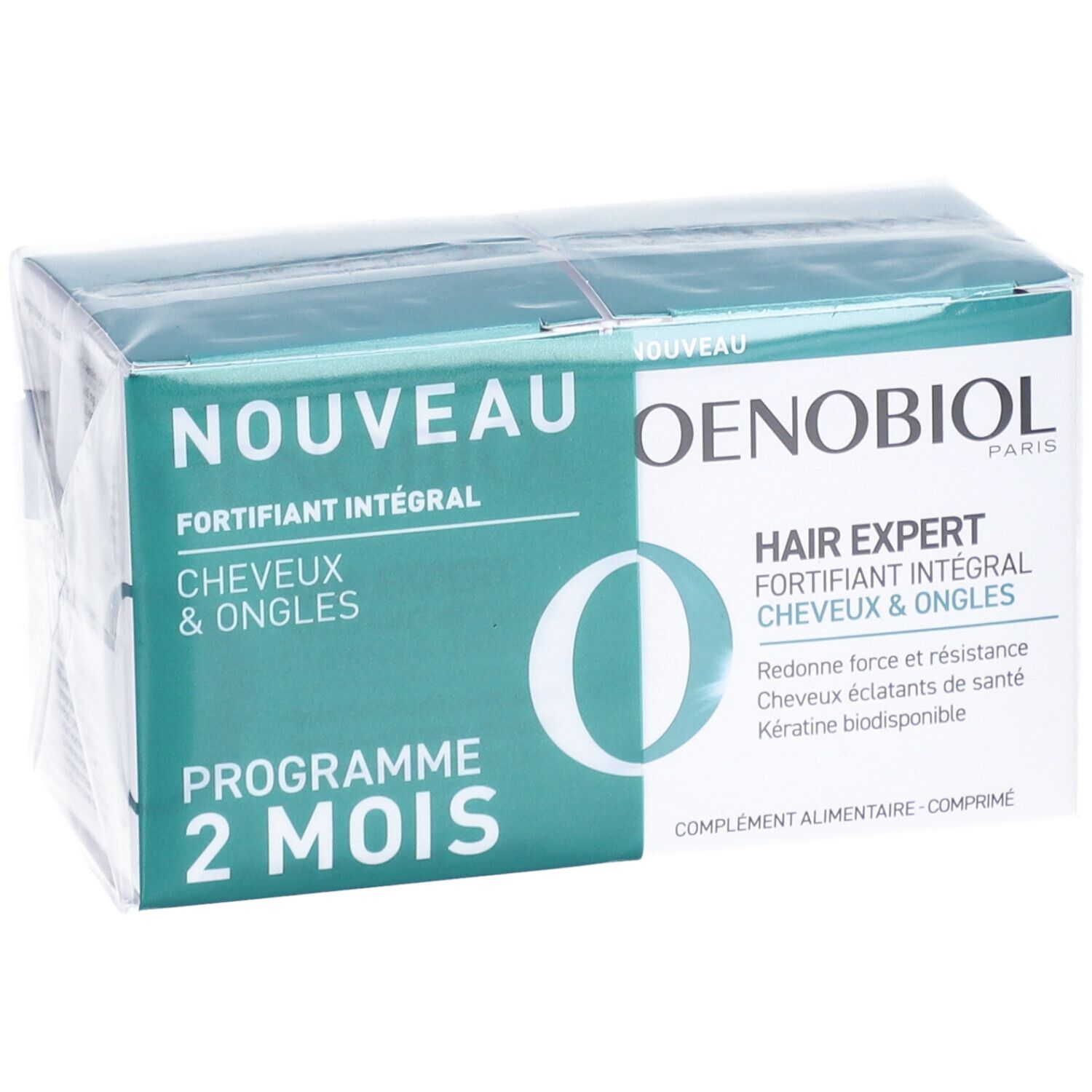 Boîte OENOBIOL. Vert et blanc, avec nom et logo. Emballage transparent.