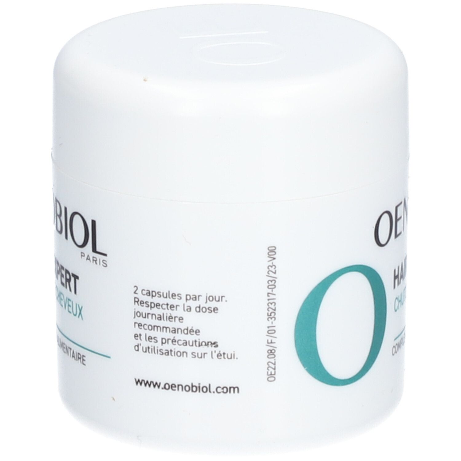 Weiße Dose mit OENOBIOL-Logo und Schriftzug HAIR EXPERT. Text: Chute de cheveux, Complément alimentaire. Rückseite.