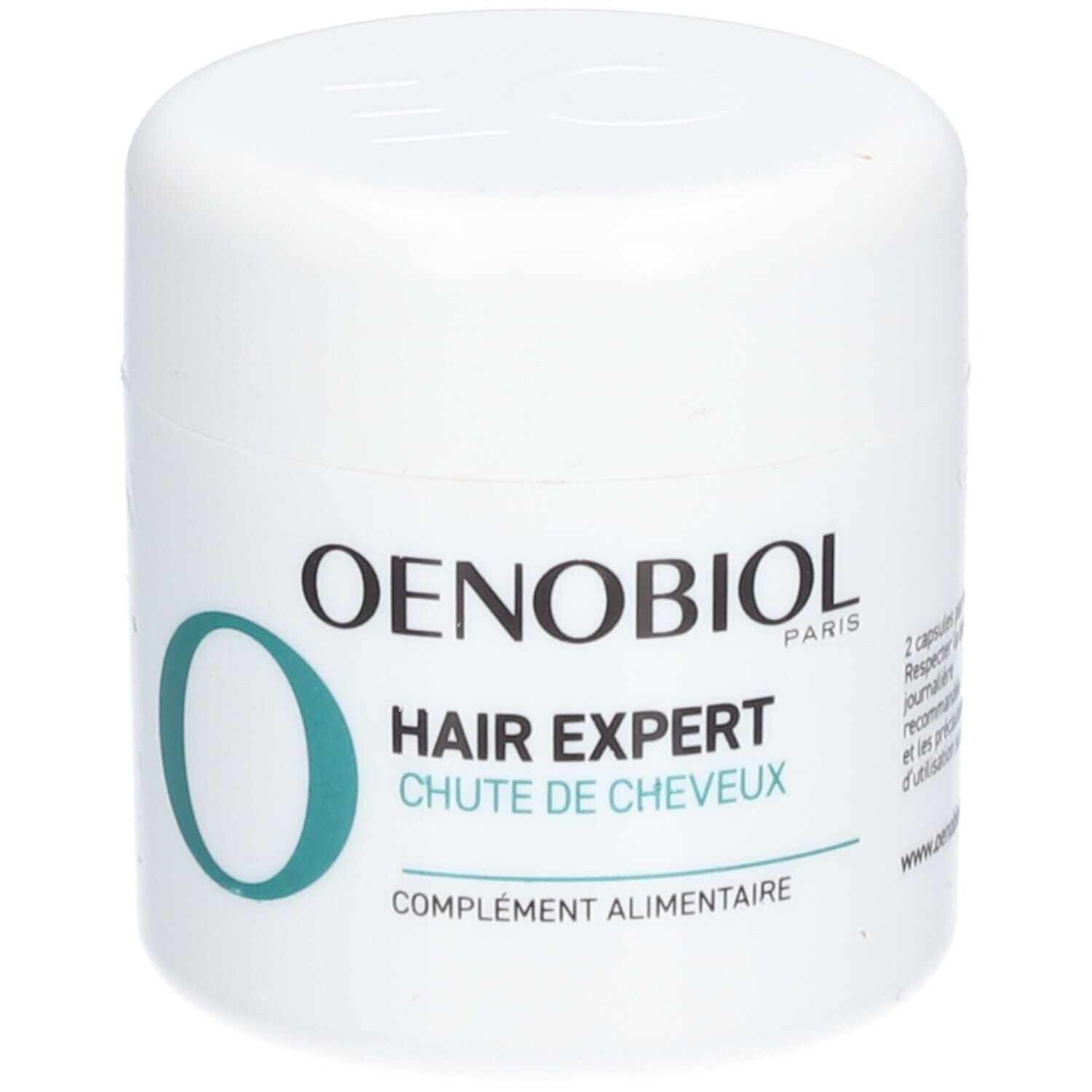 Weiße Dose mit OENOBIOL-Logo und Schriftzug HAIR EXPERT. Text: Chute de cheveux, Complément alimentaire.