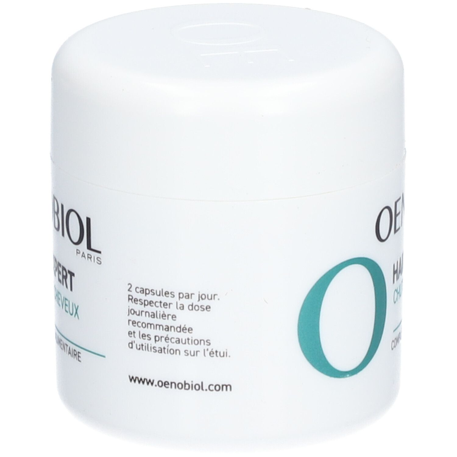 Weiße Dose mit OENOBIOL-Logo und Schriftzug HAIR EXPERT. Text: Chute de cheveux, Complément alimentaire. Rückseite.