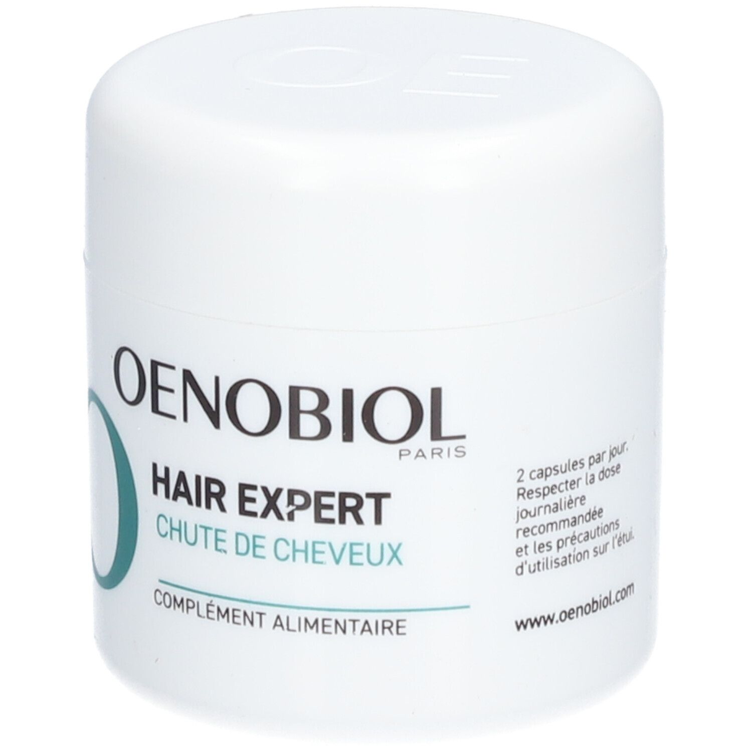 Weiße Dose mit OENOBIOL-Logo und Schriftzug HAIR EXPERT. Text: Chute de cheveux, Complément alimentaire.