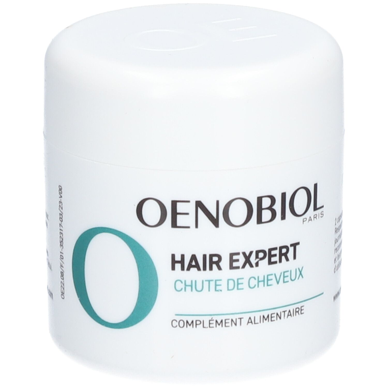 Weiße Dose mit OENOBIOL-Logo und Schriftzug HAIR EXPERT. Text: Chute de cheveux, Complément alimentaire. Rückseite.