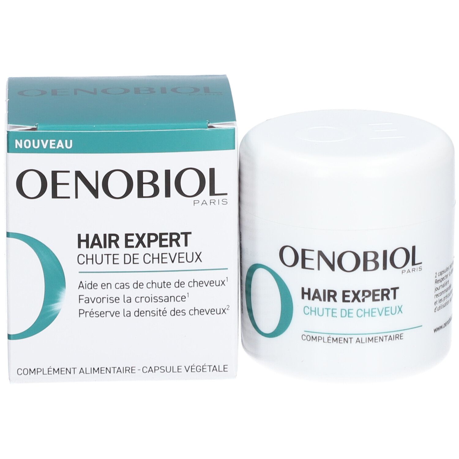 OENOBIOL-Produktverpackung mit Dose und Schachtel. Aufschrift: HAIR EXPERT, Chute de cheveux, Complément alimentaire.